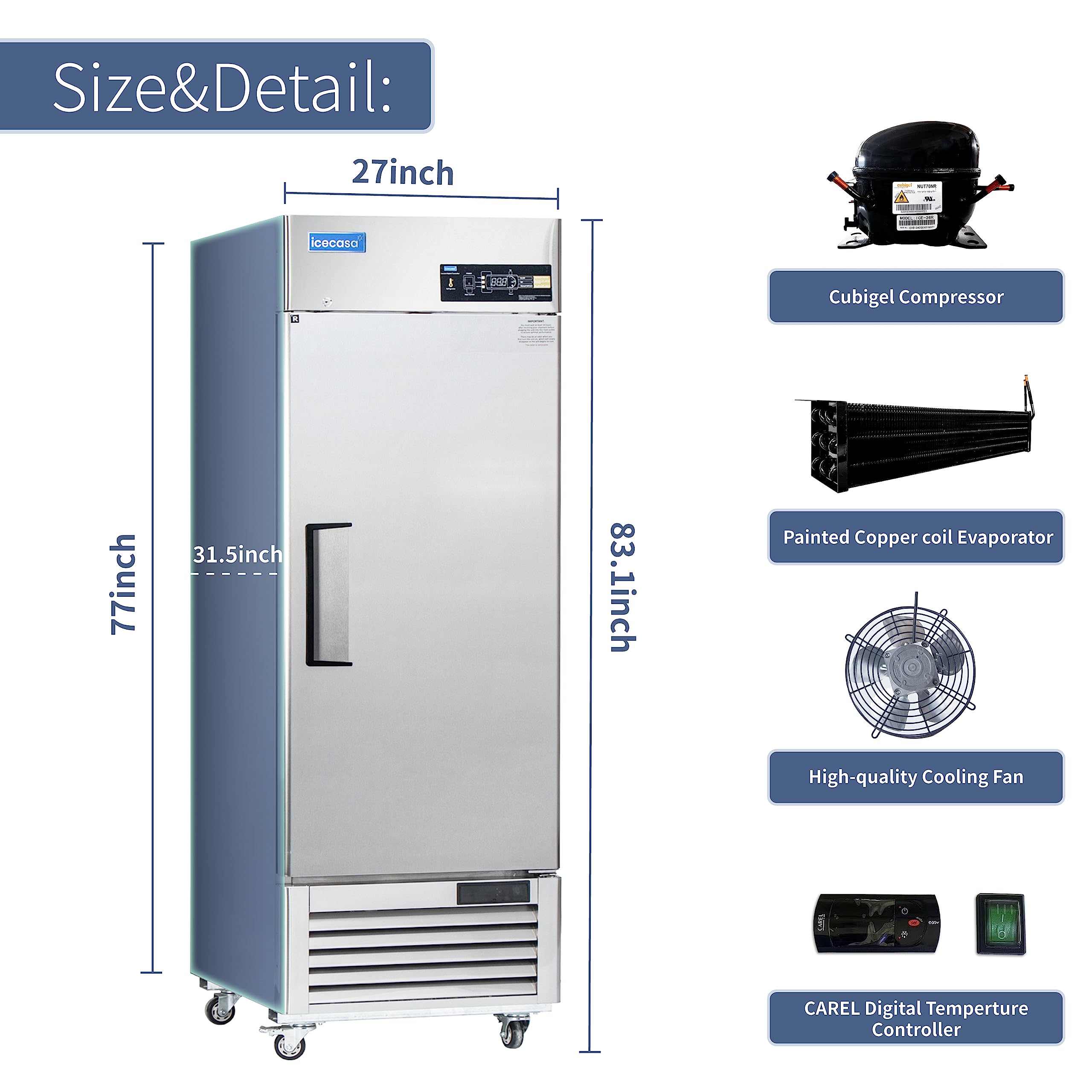 ICECASA 48" W Commercial Refrigerator Reach-in 36 Cu.ft 2 Solid Door Stainless Steel Commercial Refrigerator Fan Cooling for Restuarant, Bar, Shop, etc