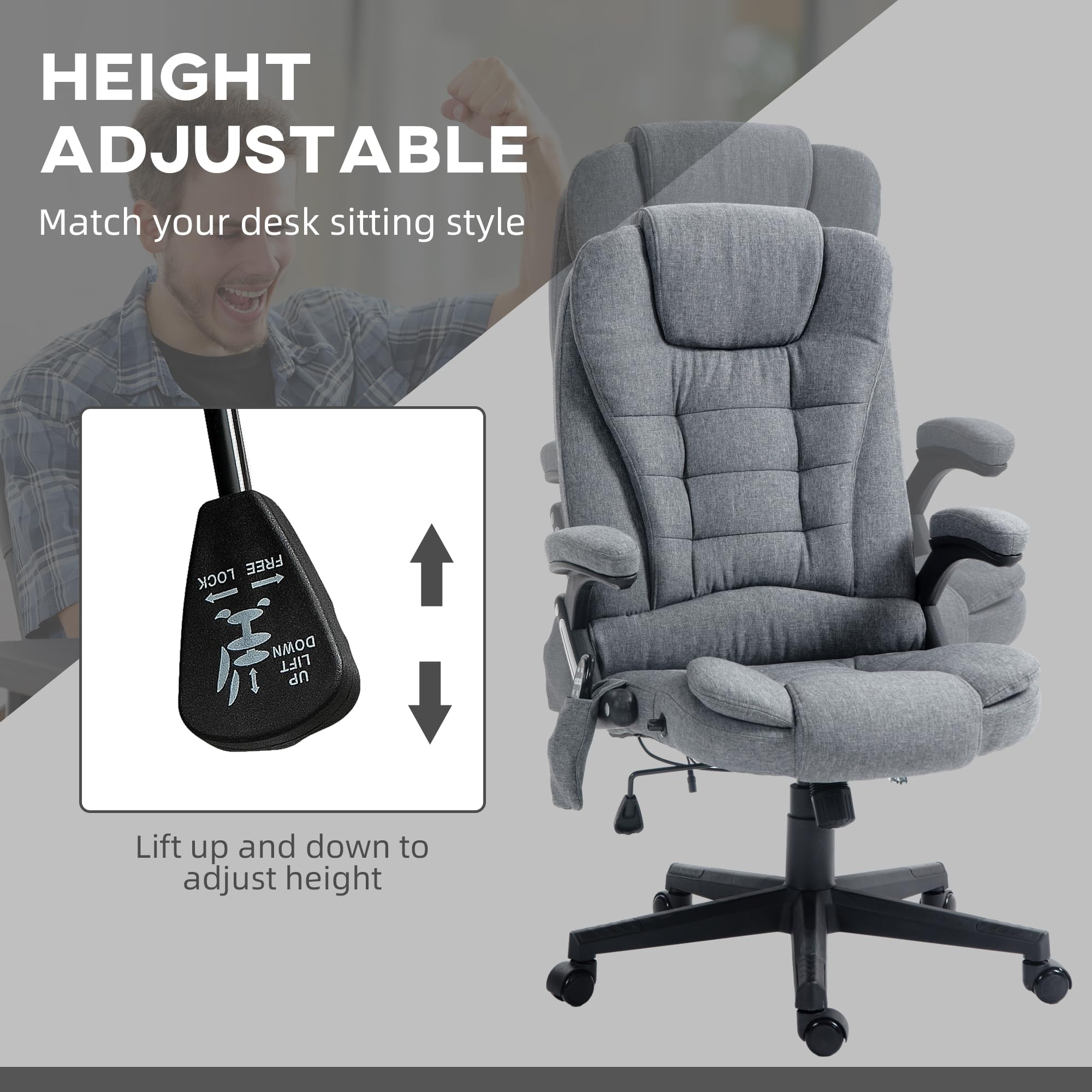 Vinsetto 6 Point Vibrating Massage Office Chair with Heat, Linen High Back Executive Office Chair with Reclining Backrest, Padded Armrests and Remote, Black