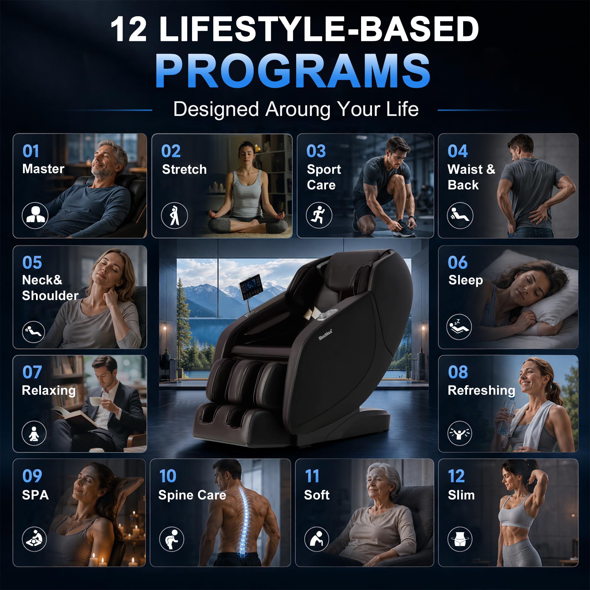 iBooMas 2026 Massage Chair Full Body, 5 Heating Zones for Daily Pain Relief, Zero Gravity 54'' SL-Track, Body Scan, 18 Auto & Manual Modes, Foot Roller, Thai Stretch, Airbags (Black & Brown)