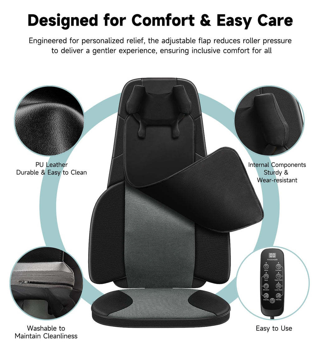 Shiatsu Neck and Back Massager for Chair with Heat, 2 Interchangeable Attachments Full Back Massage Pad Deep Tissue, Adjustable Height 3-Level Intensity for Office Home, Masajeador de Espalda, Khaki