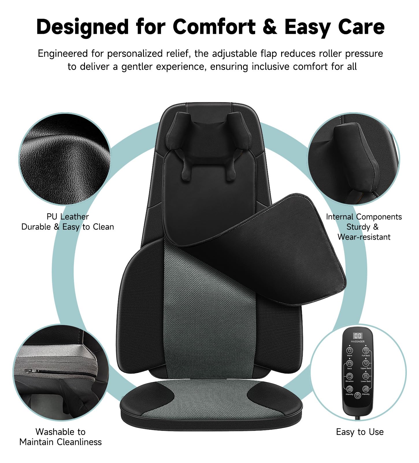 Shiatsu Neck and Back Massager for Chair with Heat, 2 Interchangeable Attachments Full Back Massage Pad Deep Tissue, Adjustable Height 3-Level Intensity for Office Home, Masajeador de Espalda, Khaki