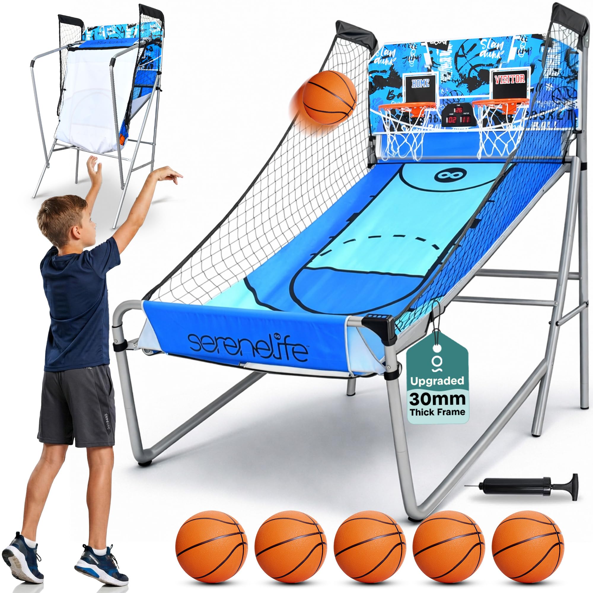 SereneLife Dual Shot Basketball Arcade Game with Electronic Scorer, 8 Game Modes, Indoor Outdoor 2 Player Basketball Shooting Game, Foldable Arcade Set with 5 Balls and Pump