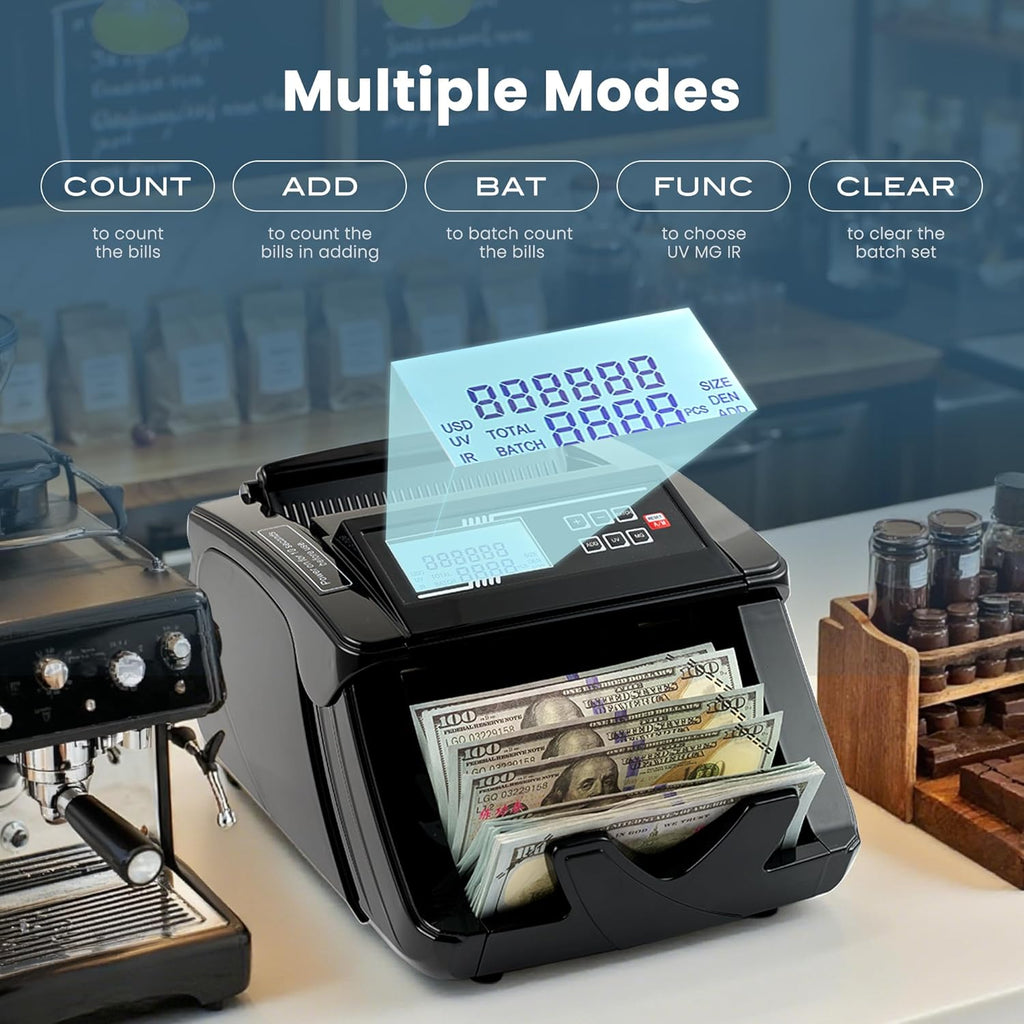 BODIOO Professional Money Counter Machine with UV/MG/IR/DD Detection, High-Speed 1000 Bills per Minute, USD and EUR Support, External LCD Display,Black