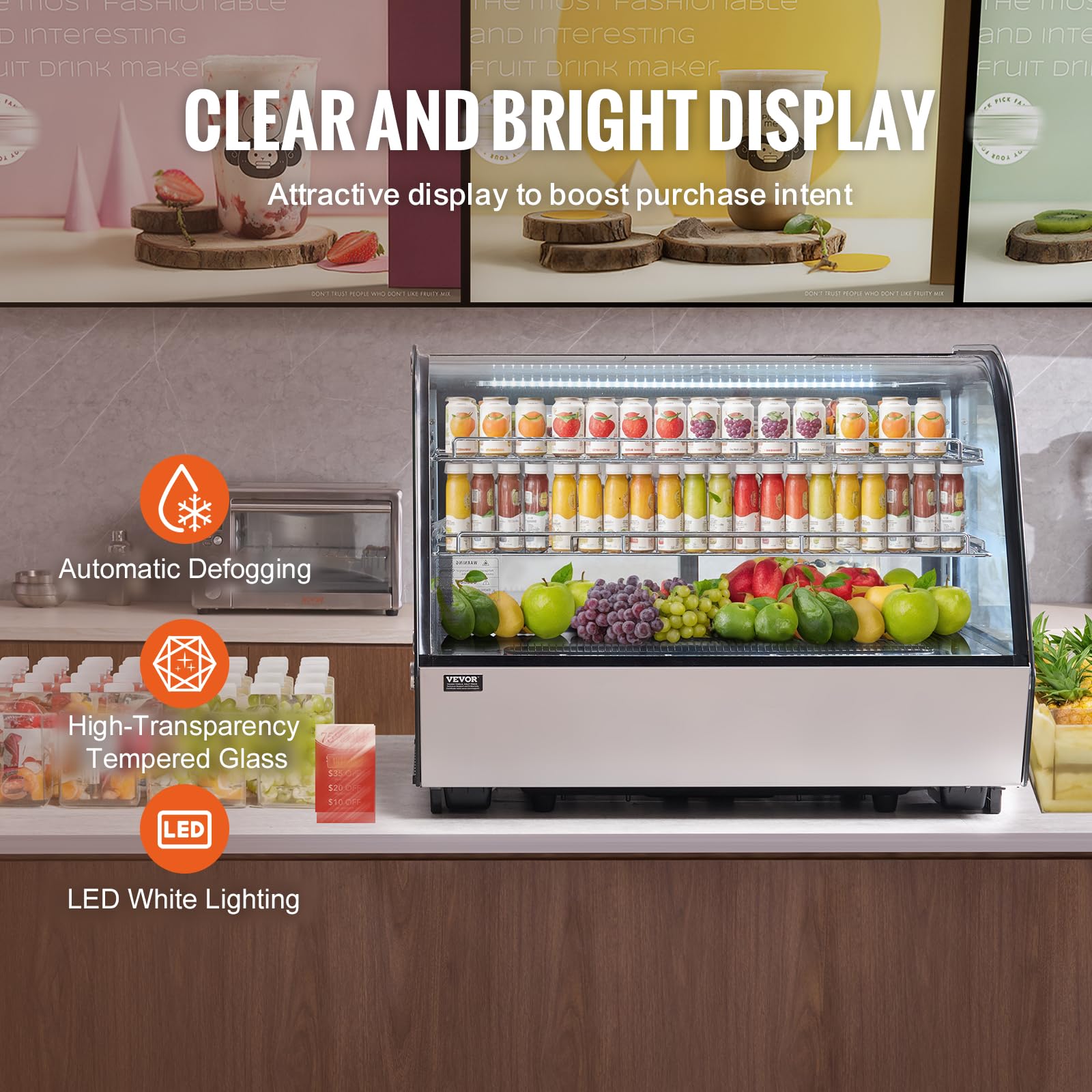 VEVOR Refrigerated Display Case, 3.5 Cu.Ft./100L, 2-Tier, Countertop Pastry Display Case Commercial Display Refrigerator with LED Lighting, TURBO Cooling, Frost-Free Air-Cooling, Rear Sliding Door