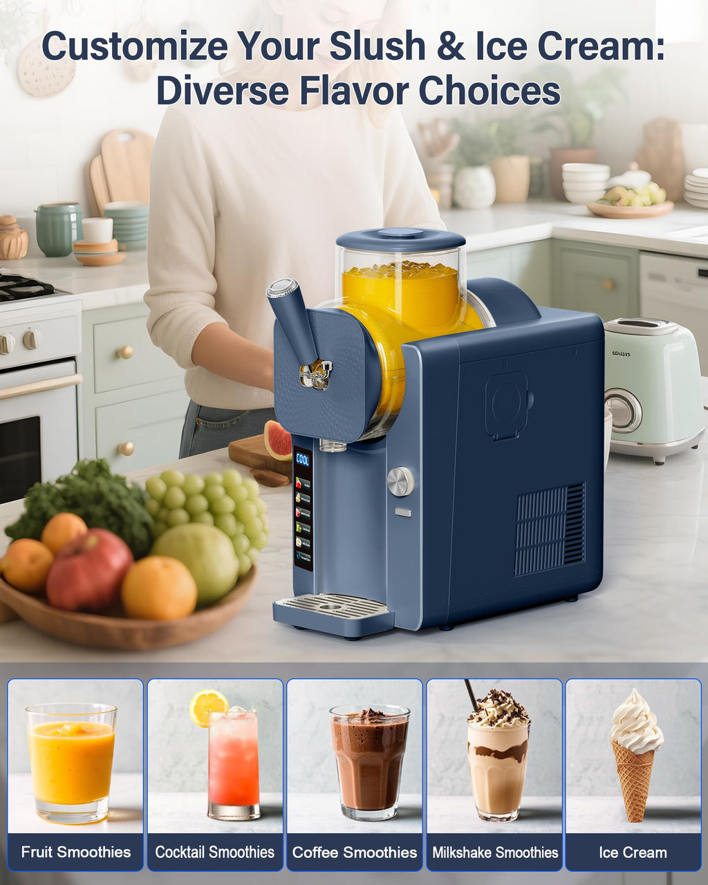 Slush Machine & Ice Cream Maker Machine 2-IN-1, 6 Modes for Smoothies, Milkshakes, Cocktails, Margarita, and Ice Cream, Double-Layer Tank, With Ice Cream Cone Holder, Self-Cleaning, For Home Use