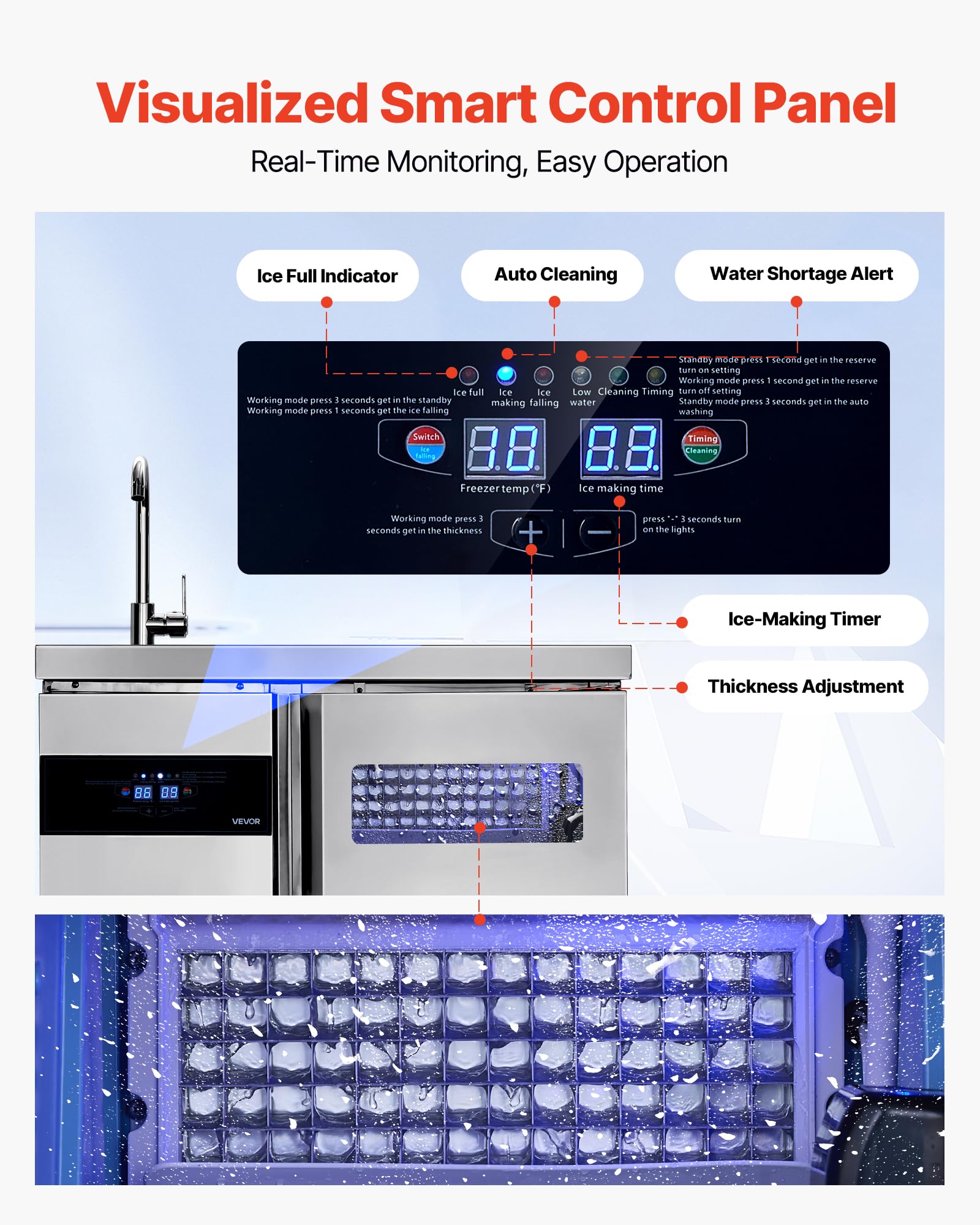 VEVOR Commercial Ice Maker Machine, 330 lbs/24H Stainless Steel Ice Machine with Worktop, 88 lbs Storage & 144 Cubes/Cycle, Self-Cleaning Freestanding Ice-Making for Home Bar Office Restaurant Kitchen