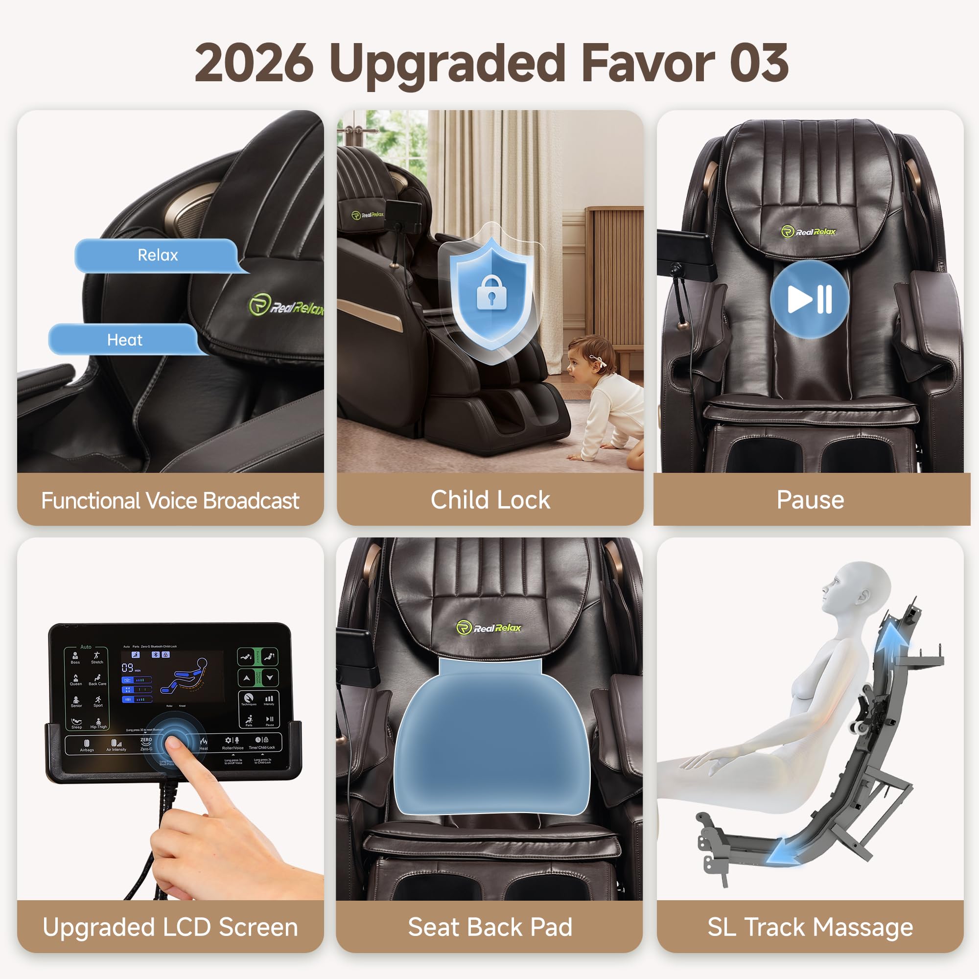 Real Relax 2026 Upgraded 2D SL-Track Massage Chair,Recliner Full Body Zero Gravity with 8 Auto Modes and Upgraded LCD Screen,Added Voice Broadcast,Headrest Cushion,Child Lock and Pause Button,Black