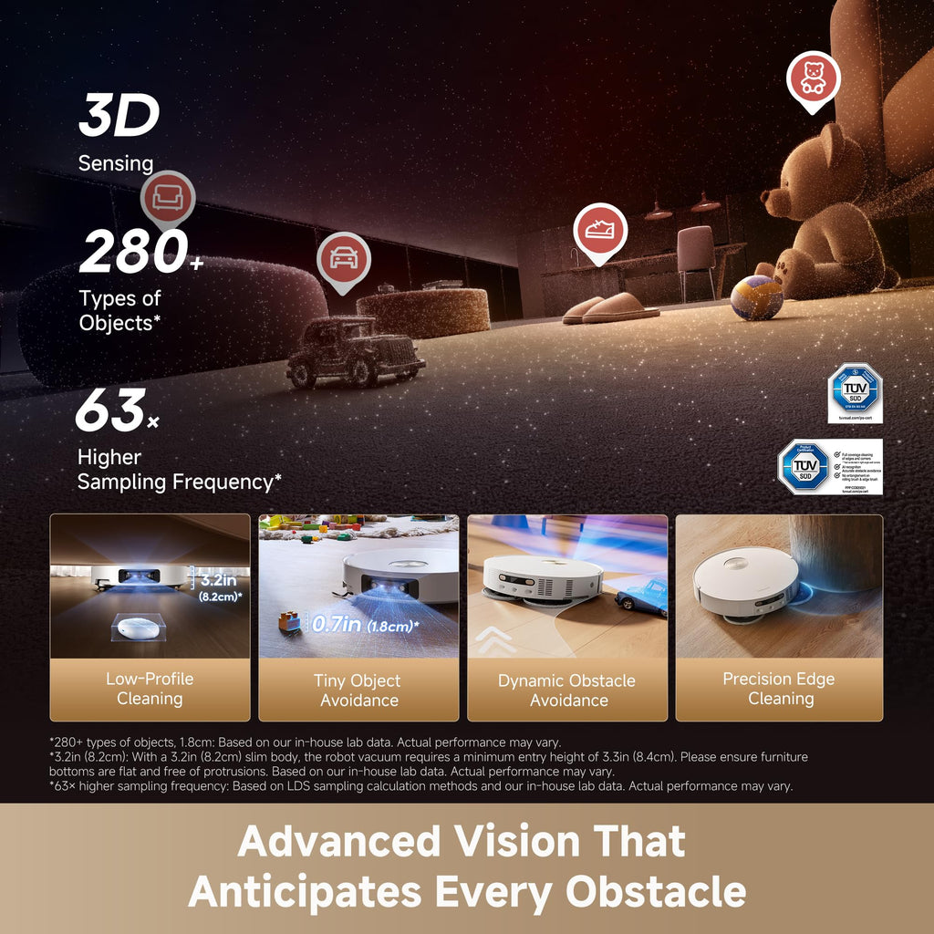 DREAME L60 Ultra Robot Vacuum and Mop, 35,000Pa Suction, Detangling Brush, AI-Enhanced 3D ToF Vision, 100℃ Mop Self-Cleaning, 280+ Object Types, Extendable Side Brush and Mop, White