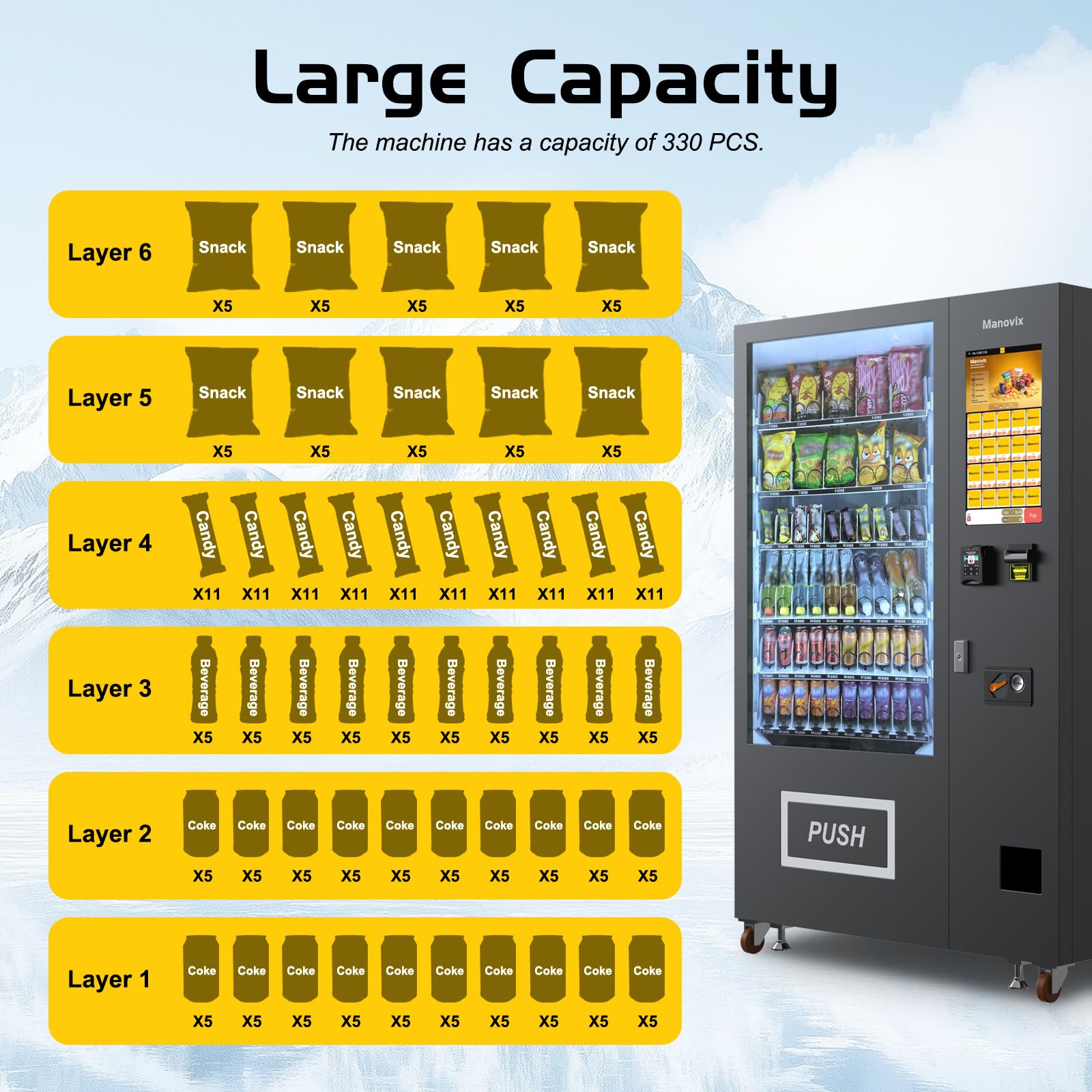 Refrigerated Beverage Vending Machine for Business, Large 60 Slots Snack Drink Combo Commercial Vending Machine Durable Cashless Vending Machine with Card Reader and Bill Coin Acceptor