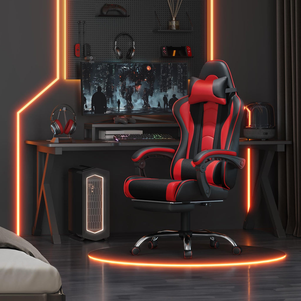 Yaheetech Gaming Chair with Electric Massage Lumbar Support, Footrest & Headrest — Ergonomic High Back Recliner for Home Office, Computer Desk Chair, Height Adjustable, 300 lbs, Black/White