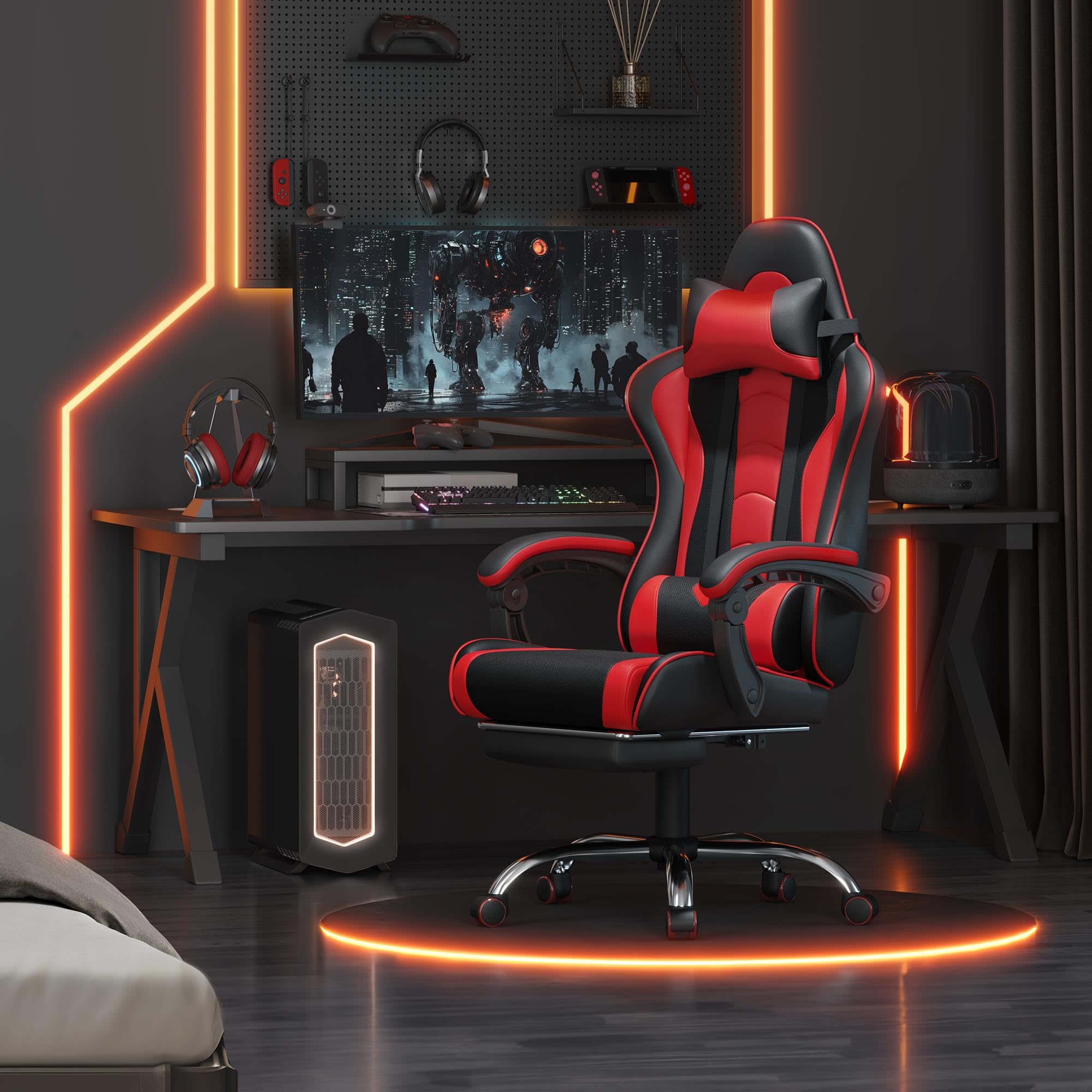 Yaheetech Gaming Chair with Electric Massage Lumbar Support, Footrest & Headrest — Ergonomic High Back Recliner for Home Office, Computer Desk Chair, Height Adjustable, 300 lbs, Black/White