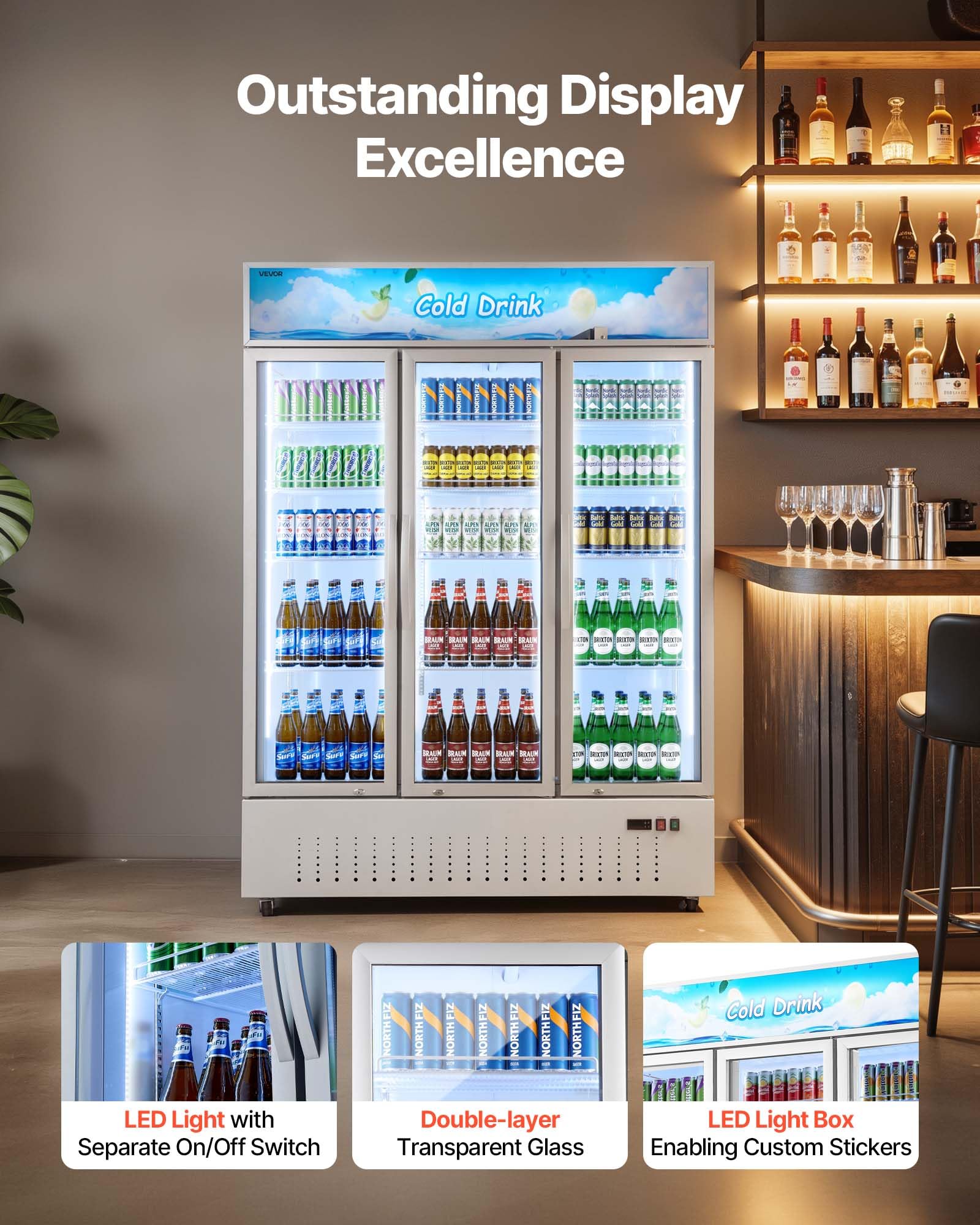 VEVOR Commercial Merchandiser Refrigerator, 6.9 Cu.Ft / 195L Glass Door Display Refrigerator, Upright Beverage Cooler Fridge with 4 Adjustable Shelves, Soft LED Light & Casters for Homes Shops Bars