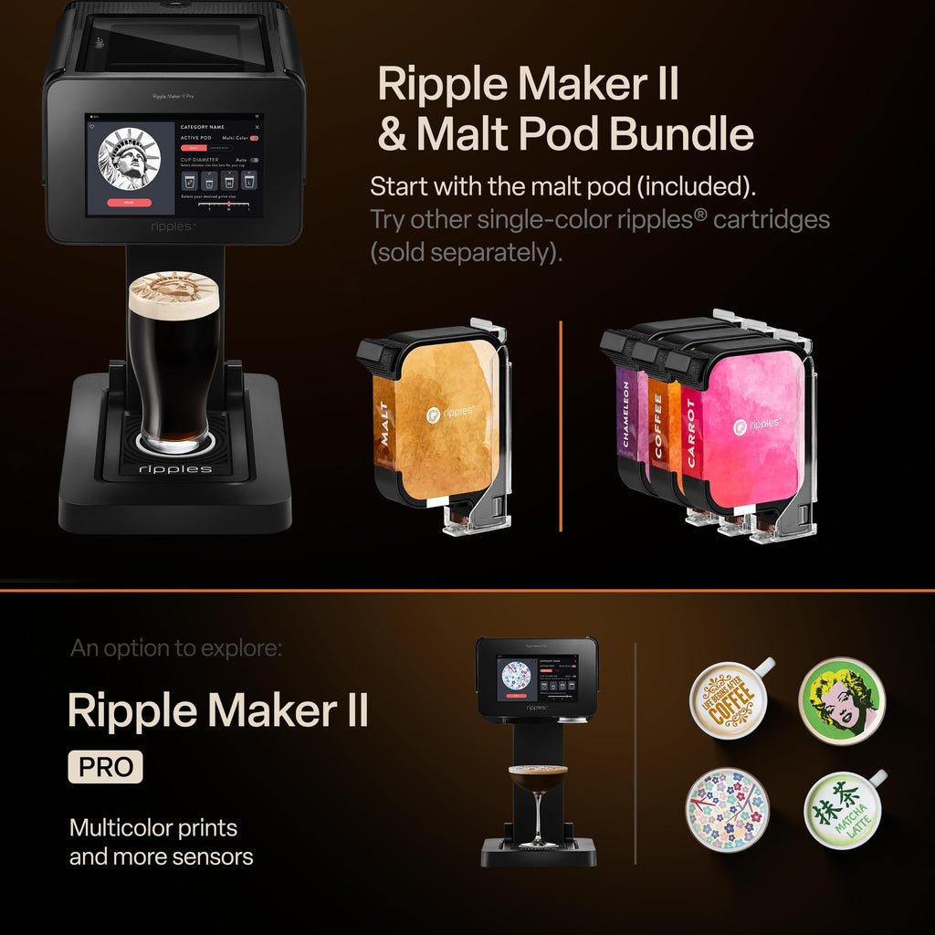 Ripples The Original Maker II, Print on Beverage Foam and Desserts, Plant-Based Ingredients Only, Selfie and Personalized Designs (Machine + Chameleon Pod)
