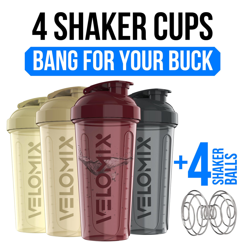 VELOMIX -4 PACK- 28 oz Protein Shaker Bottle for Protein Mixes - 4x Wire Whisk | Leak Proof Shaker Cups for Protein Shakes | Protein Shaker Bottle Pack | Protein Shake Cup (NeoCool Pack)