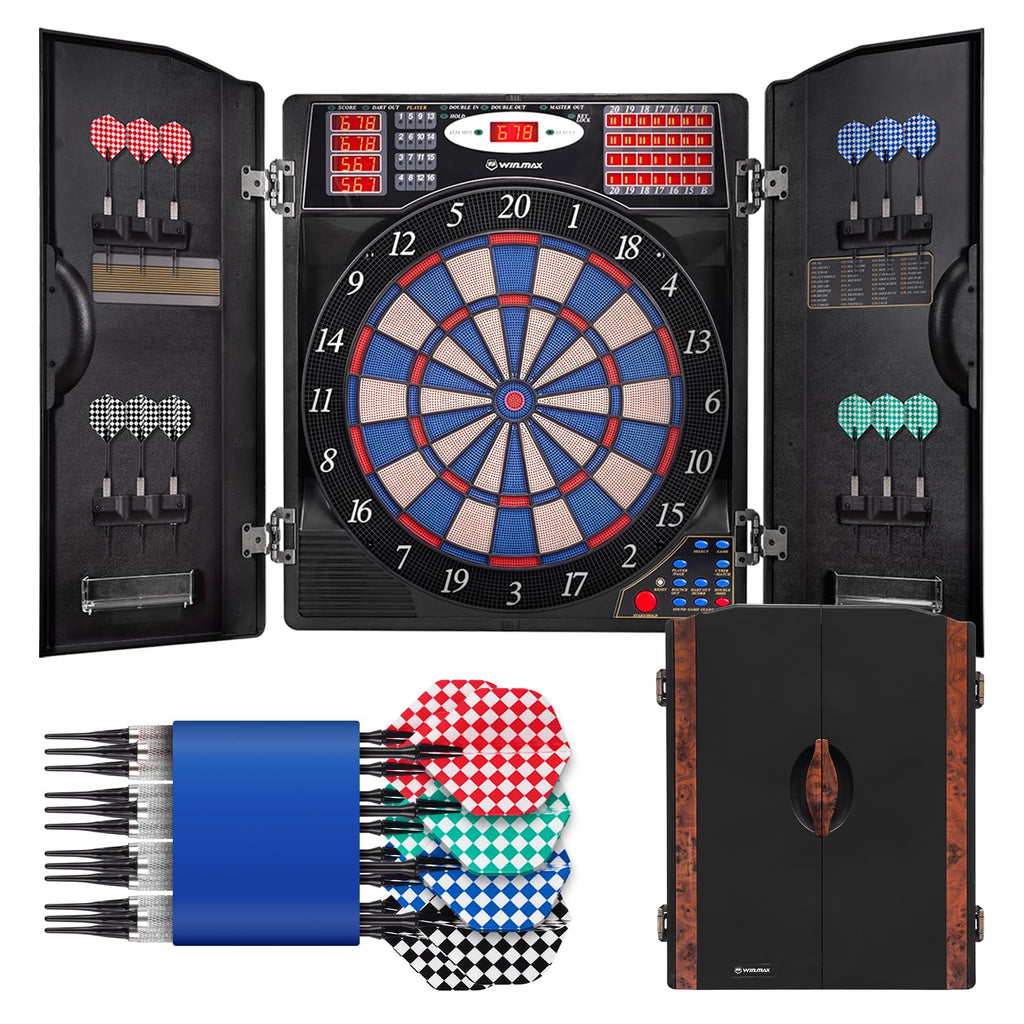 WIN.MAX Electronic Dart Board, Soft Tip Dartboard Cabinet Set for Adults, LED Scoring Dartboard with 38 Games & 211 Variants, Up to 16 Players, 12 Darts+40 Tips, Wall Mount for Bar Game Room Man Cave
