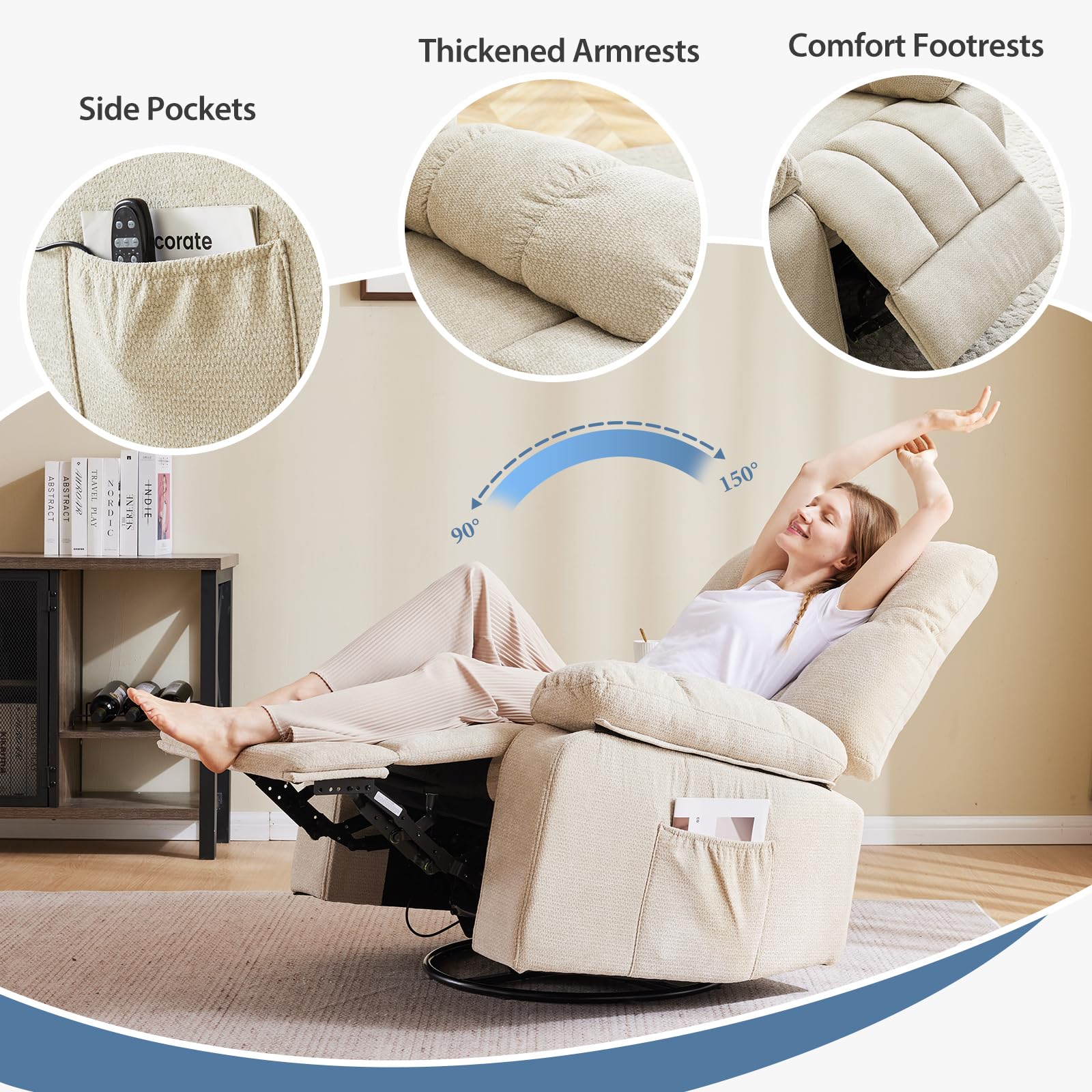 DUMOS Rocker Recliner Chair, Swivel Recliner with Vibration Massage & Lumbar Heating, 270° Rotating Chenille Fabric Recliner with footrest for Living Room & Bedroom, Grey