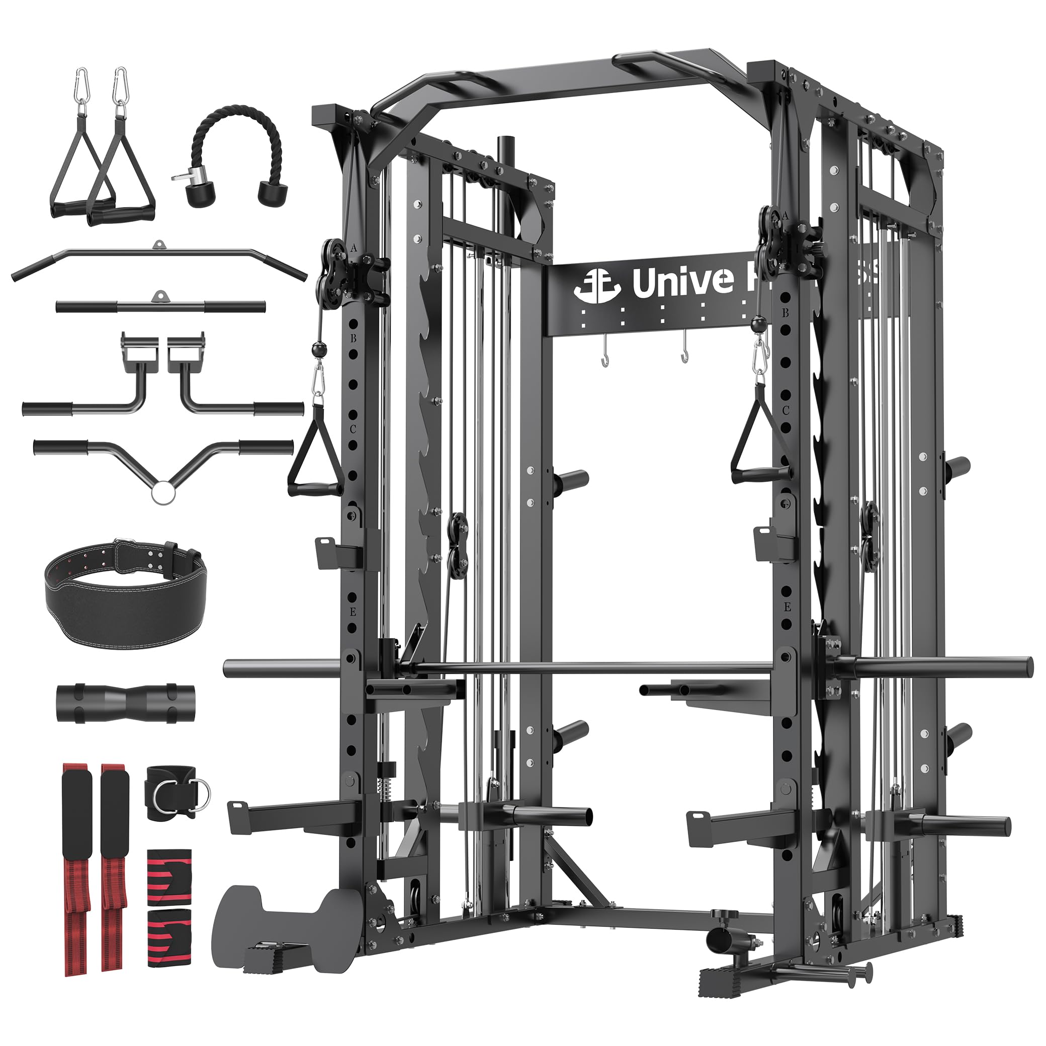 Unive Fitness Smith Machine, Commercial-Grade All-in-One Home Gym Power Cage with Squat Rack, Dual Cable Crossover & Pulley System, Complete Attachments for Full Body Workouts