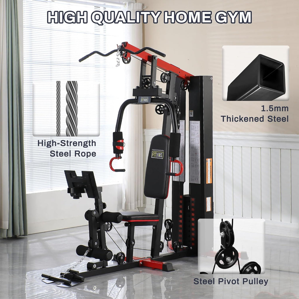 Fitvids Multifunctional Home Gym Equipment with 122.5 lbs Weight Stack, Full Body Workout Weight Machine, All-in-One Strength Training Exercise Equipment with Pulley System & Leg Press