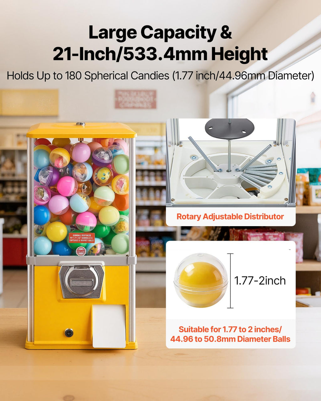 VEVOR Gumball Machine for Kids, 25" Height Home Vending Machine, PS Bouncy Balls Dispenser, Hold 230 Capsule Toys, Rectangle Bubble Gum Machine for Game Stores, Coin Operated Gumball Bank, Red