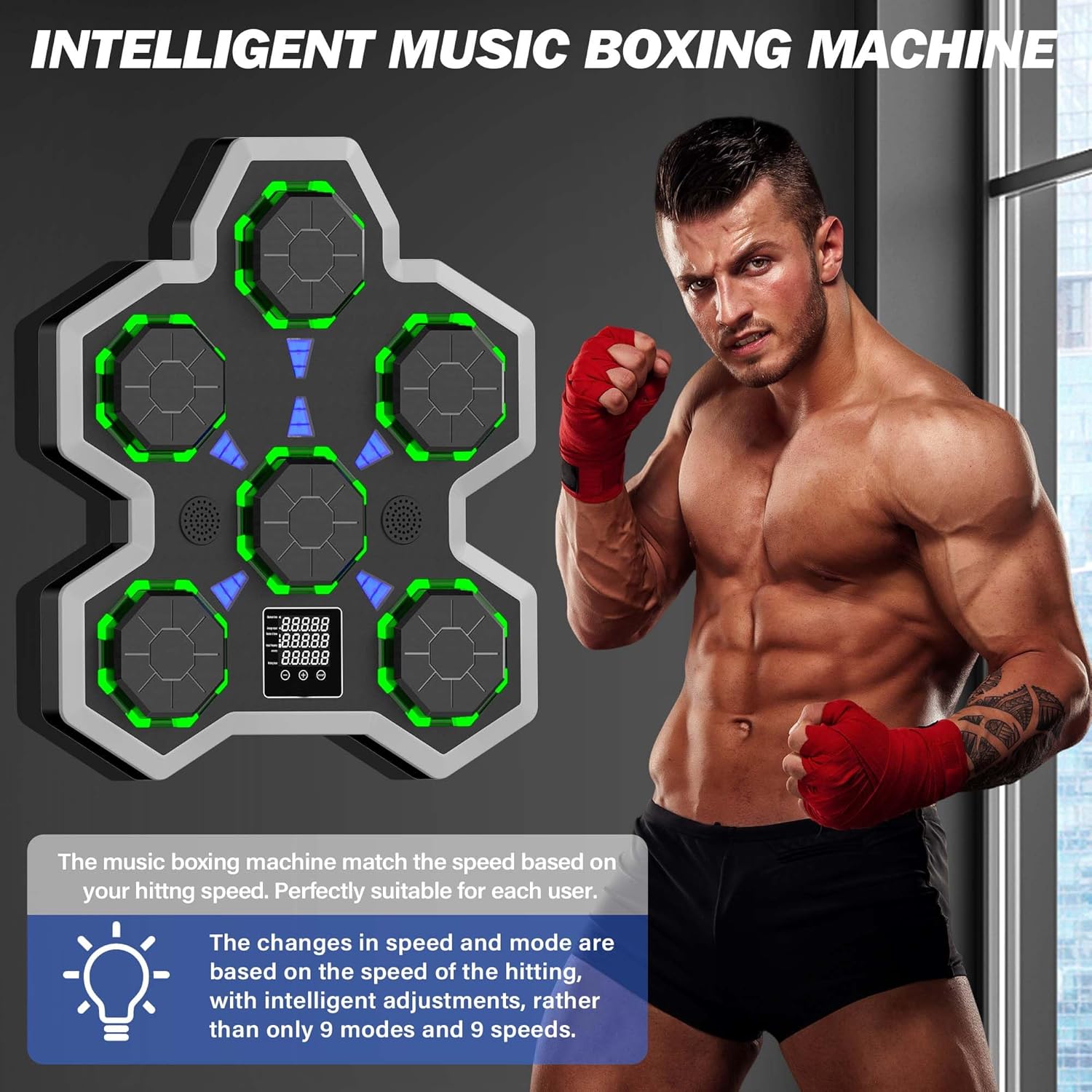 Large Soft PU Surface Music Boxing Machine for Adults & Kids - Bluetooth, Self-Adjusting Speed, Real-Time Force LED Display, Max/Average Power Tracking, Ideal Gift for Kids Adults Home Gym Equipment