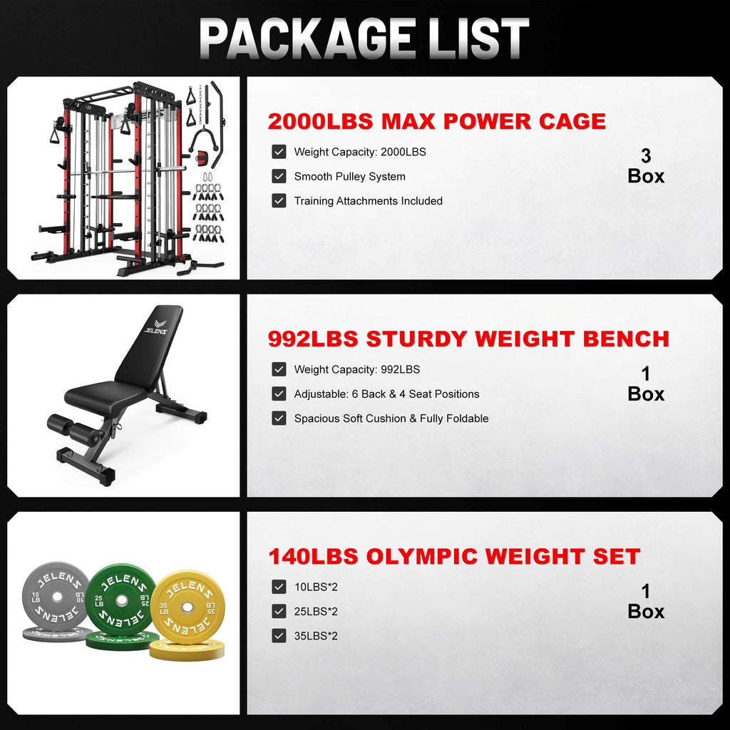 JELENS Smith Machine for Home Gym, Multi-Function M12 Power Cage with Cable Crossover System, Squat Rack with Smith Bar and More Attachment