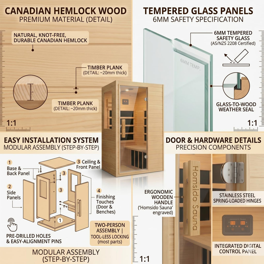 1350W Far Infrared Home Sauna, Energy-Efficient Fast-Heating Indoor Sauna Room with Bluetooth & 7-Color Therapy, Canadian Hemlock Wood, Modular Design - Ideal for Home Gym, Family Relaxation