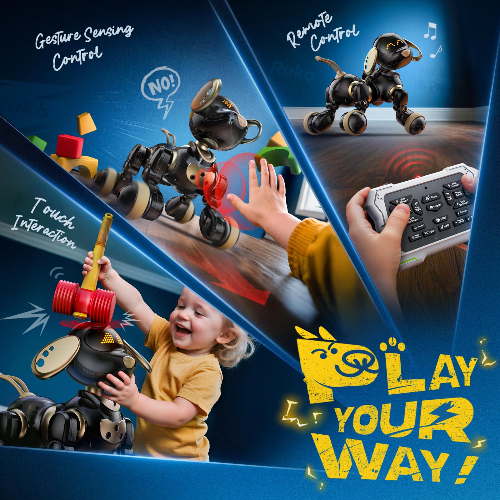 Ruko 18011 Robot Dog Toy, Smart Interactive Puppy with 30+ LED Faces, Remote & Gesture Control, Programmable Electronic Pet for Kids Ages 3–8, Black & Gold