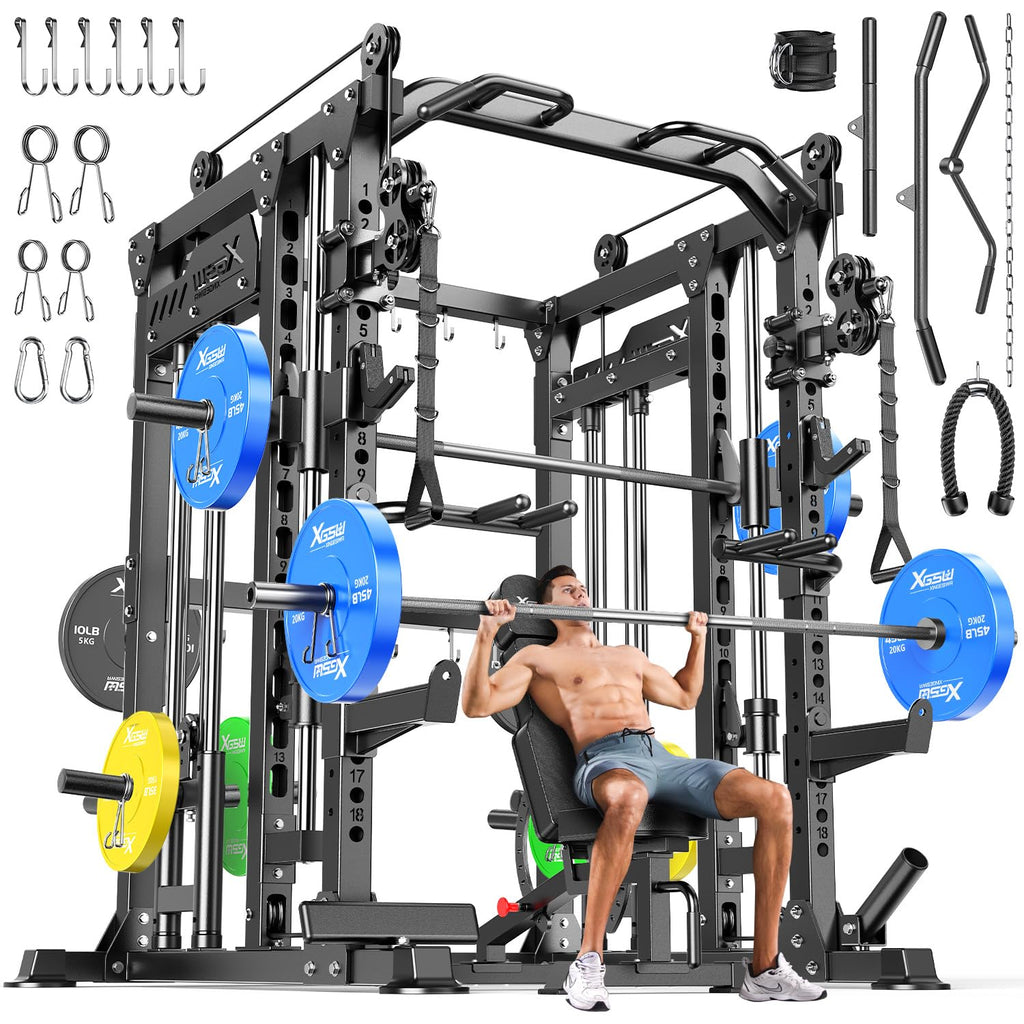 Smith Machine with Cable Crossover System, Multi-Function Power Cage Squat Rack for Home Gym, Power Rack and Packages Weight Sets.