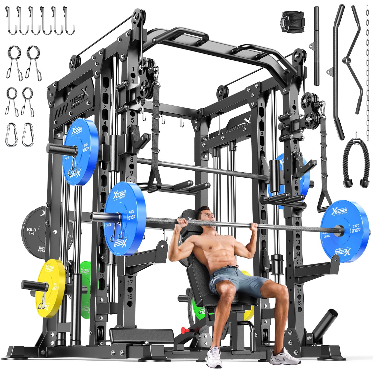 Smith Machine with Cable Crossover System, Multi-Function Power Cage Squat Rack for Home Gym, Power Rack and Packages Weight Sets.