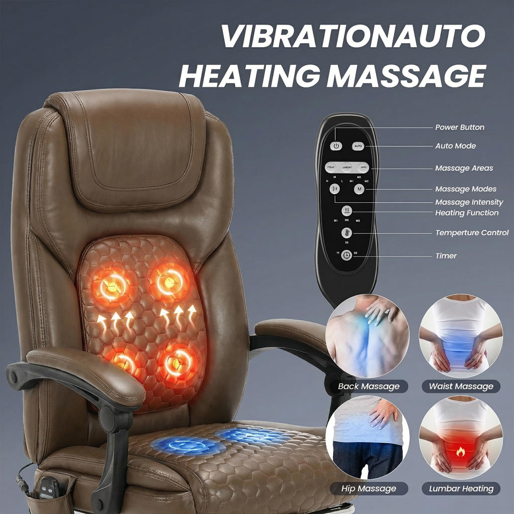 MALOL Massage Office Chair with Heat and Footrest - 3-Level 65°C Targeted Heating, 20-Min Easy Assembly Leather Desk Chair, Big and Tall Executive Computer Chair with Side Pocket, 300 lbs, Beige
