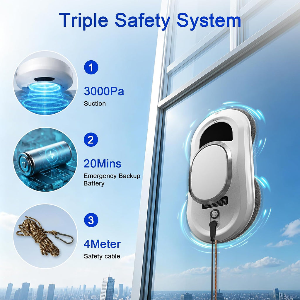 Automatic Window Cleaning Robot, Smart Robot Window Cleaner Inside/Outside, 3000Pa Suction, Intelligent Path Planning, Remote Control for high Glass, Shower, Mirror with 10 Rags(White)