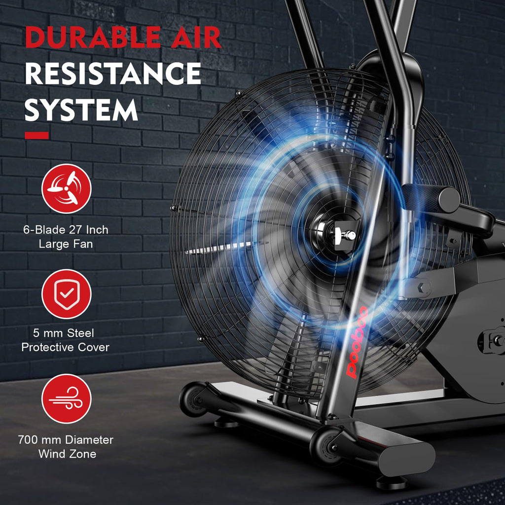 pooboo Exercise Bike, Stationary Bike for Home Gym, Air Resistance Bluetooth Fan Bike w/Dual Acction Handlebars & Dual-Layer Transmission System, Upright AirBike Indoor Cycling Bike for Cardio Workout