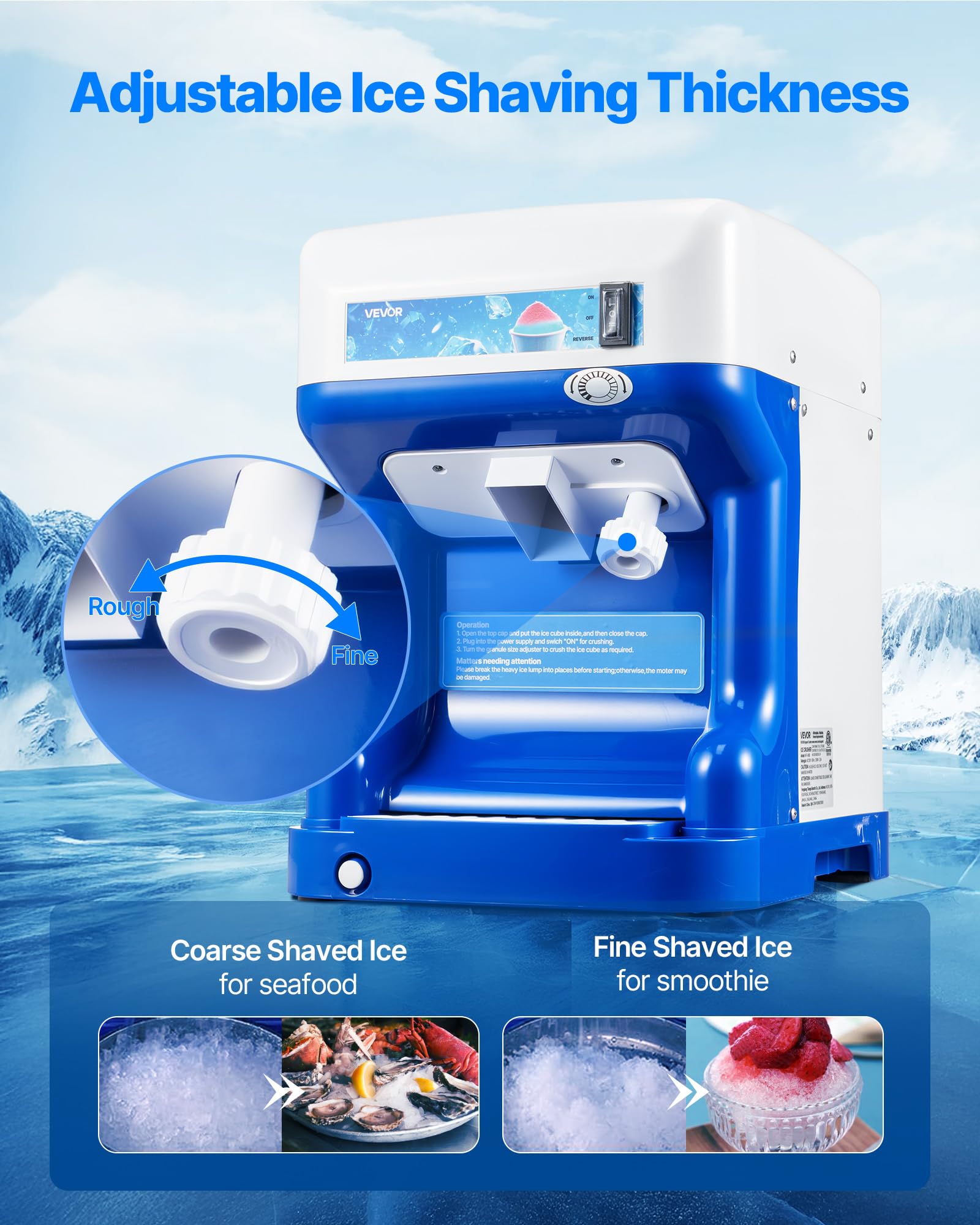 VEVOR Ice Shaver Machine Electric Snow Cone Machine, 265 LBS/H Shaved Ice Machine 250W Ice Crusher Triple Blades Tabletop Shaved Ice Maker with Adjustable Fineness for Home and Commercial Use