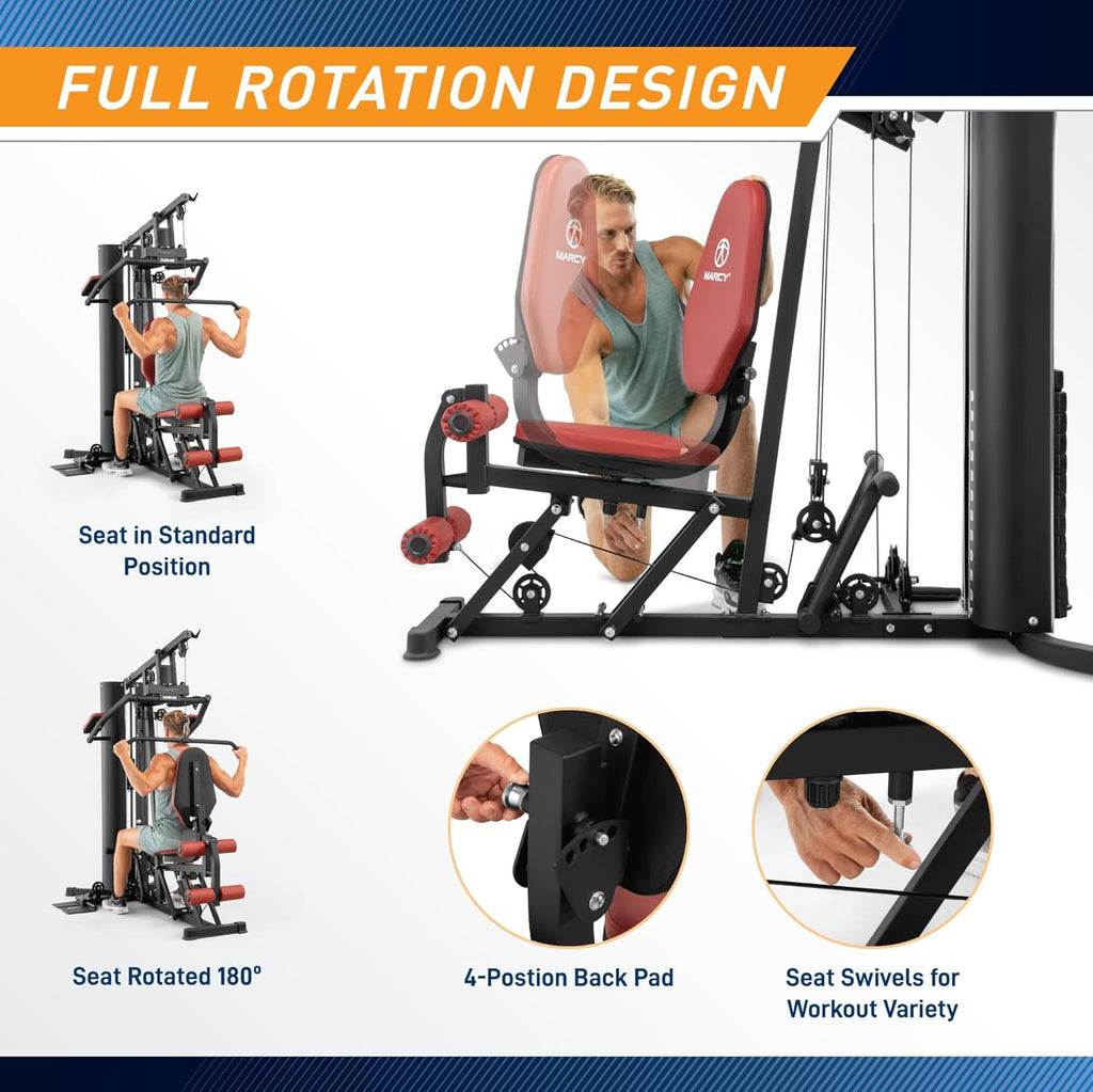 Marcy All-in-One Home Gym System with Tri-Action Press Arms, Adjustable Leg Press, and Full-Swivel Seat for Total Body Strength Training – Compact Multi-Station Workout Equipment MWM-0623