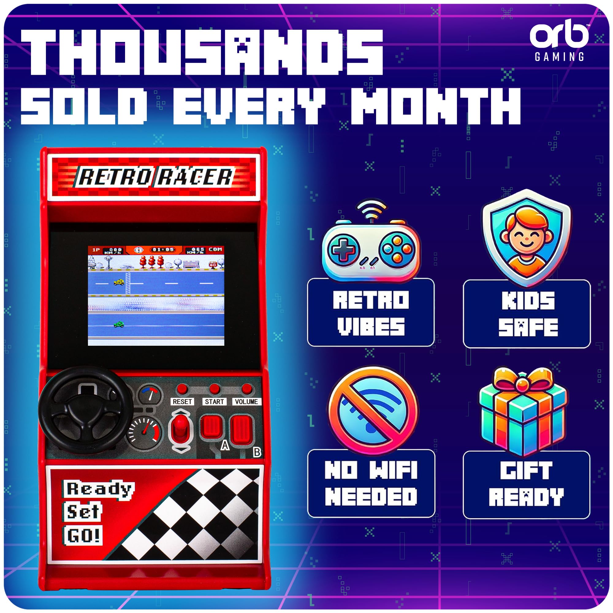Mini Arcade Machine, 240 Built-in 8-Bit Games, 2.5” Full Colour Screen, 8-Way Joystick, Handheld Retro Games Console – Orb Gaming by ThumbsUp!