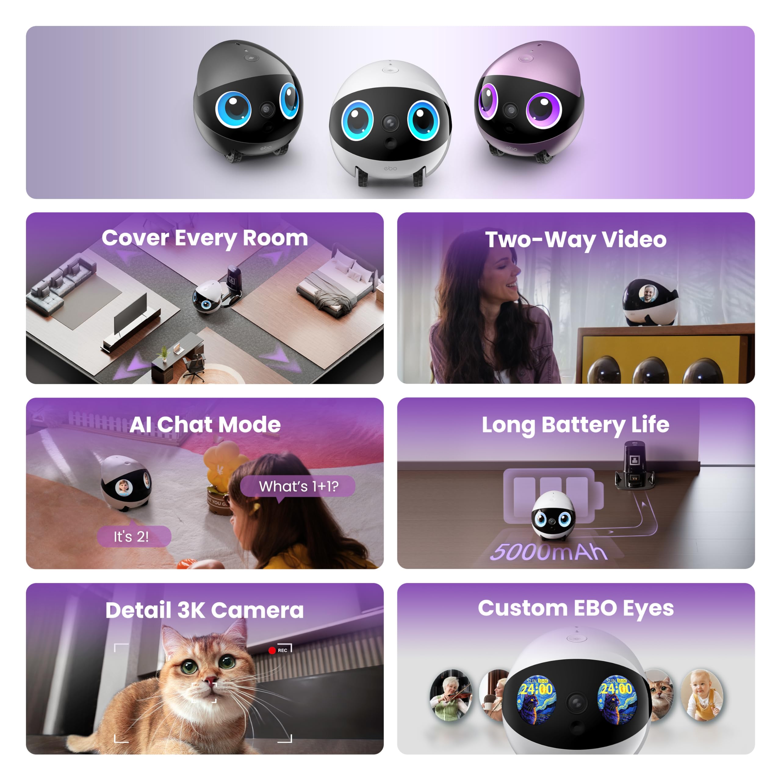 Enabot EBO Air 2 Plus FamilyBot 3K Home Camera Robot: Indoor Camera, Movable Robot Companion, 2-Way Video, AI Chat Mode, Auto-Recharge, Long Battery Life, Custom Facial Image, Night Vision