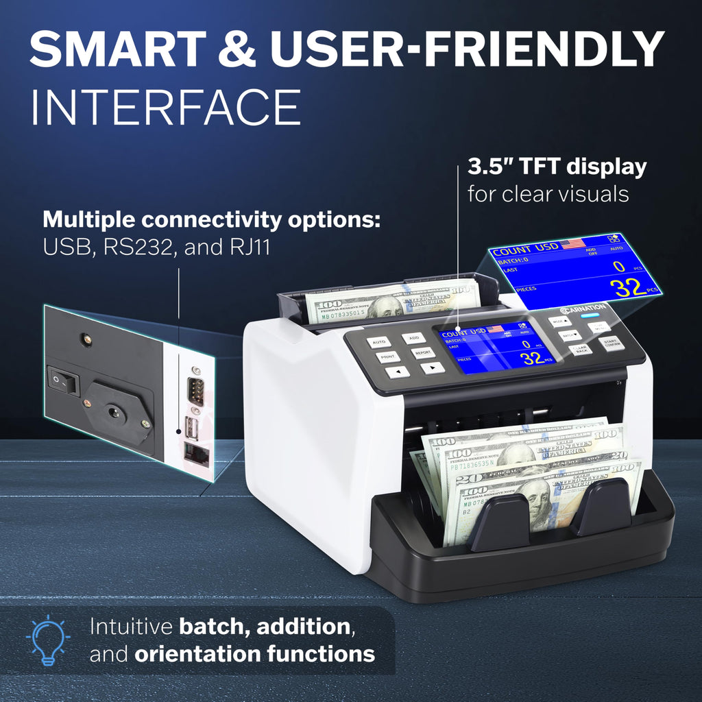 Carnation Money Counter Machine Cash Counting & Mixed Denomination Bill Counter, Portable Currency Detector, Counterfeit Bank Scanner, Dollar Sorter for Commercial, 1100 N/M, UV/MG/MT/IR/2CIS
