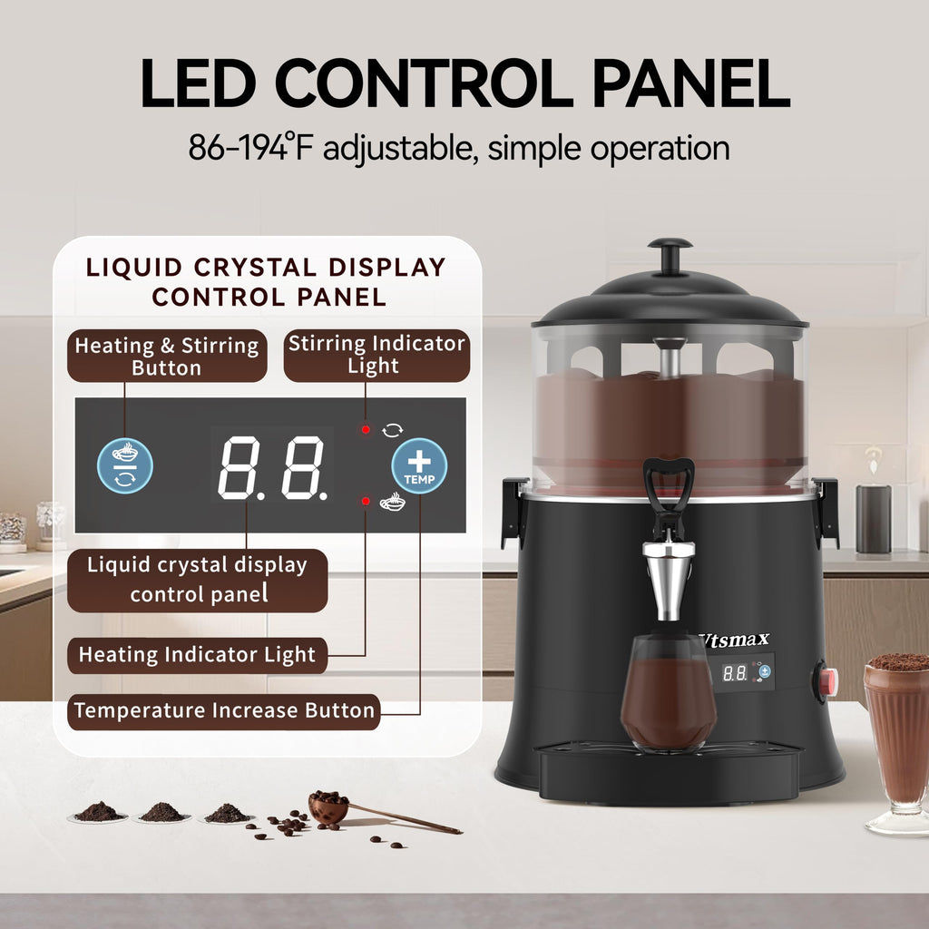 10L/2.6Gal Hot Chocolate Machine, Commercial Hot Drink Dispenser, 86–194°F Temperature Control Beverage Warmer with Stainless Steel Spout, Removable PC Bowl for Cocoa, Milk, Coffee, Red