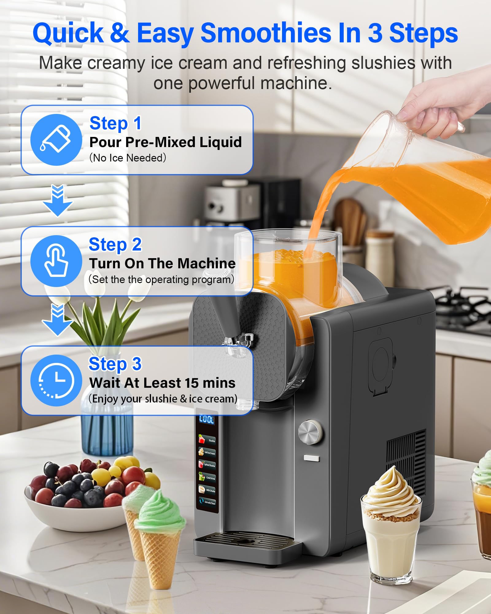 Slush Machine & Ice Cream Maker Machine 2-IN-1, 6 Modes for Smoothies, Milkshakes, Cocktails, Margarita, and Ice Cream, Double-Layer Tank, With Ice Cream Cone Holder, Self-Cleaning, For Home Use