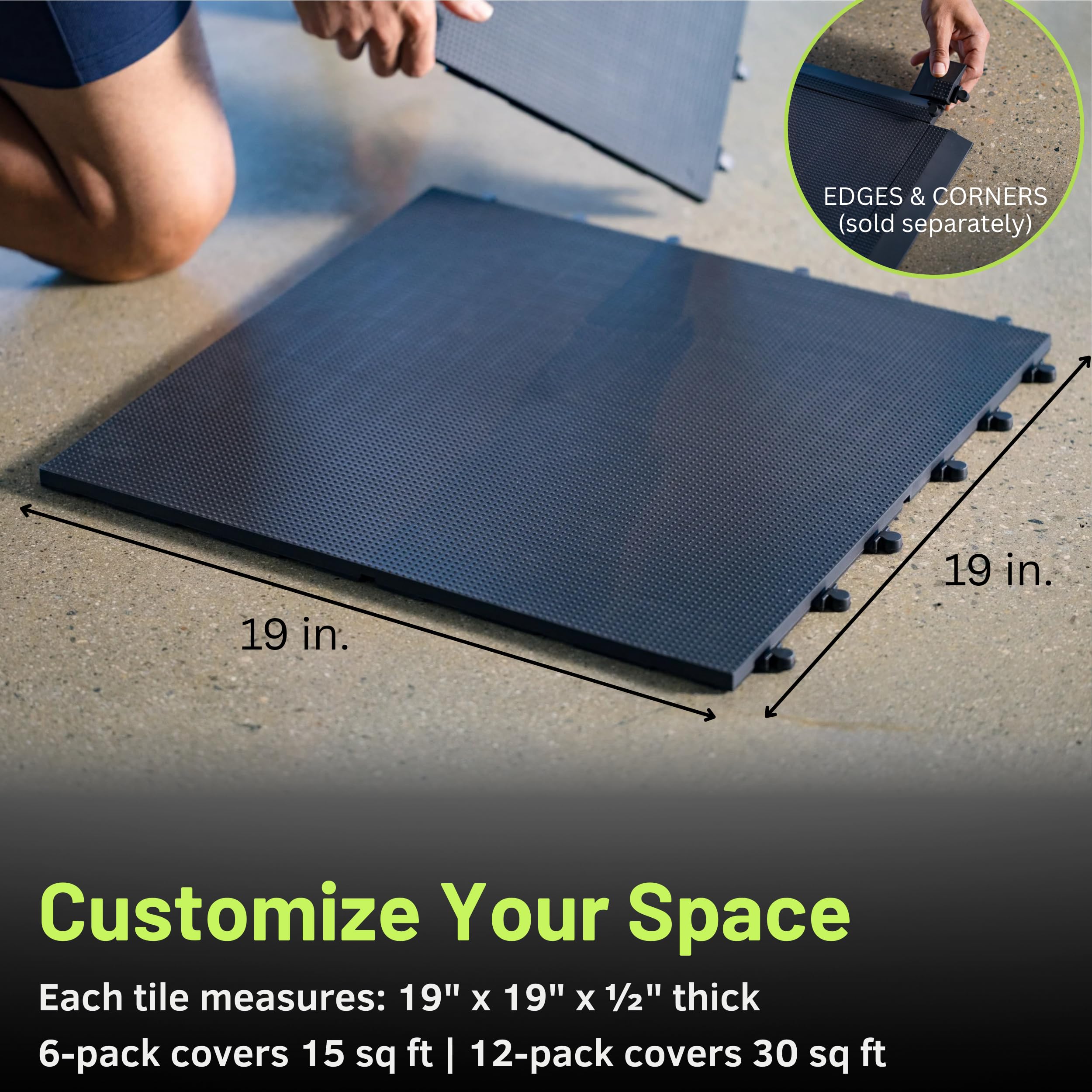 Baselayer Performance Series Interlocking Floor Tiles - Durable ½ in TPE (Rubber Like, NOT Foam, no Odor) - Gym Flooring for Weights & Heavy Equipment - Black, 15 SqFt (6 Pack) - Made in USA