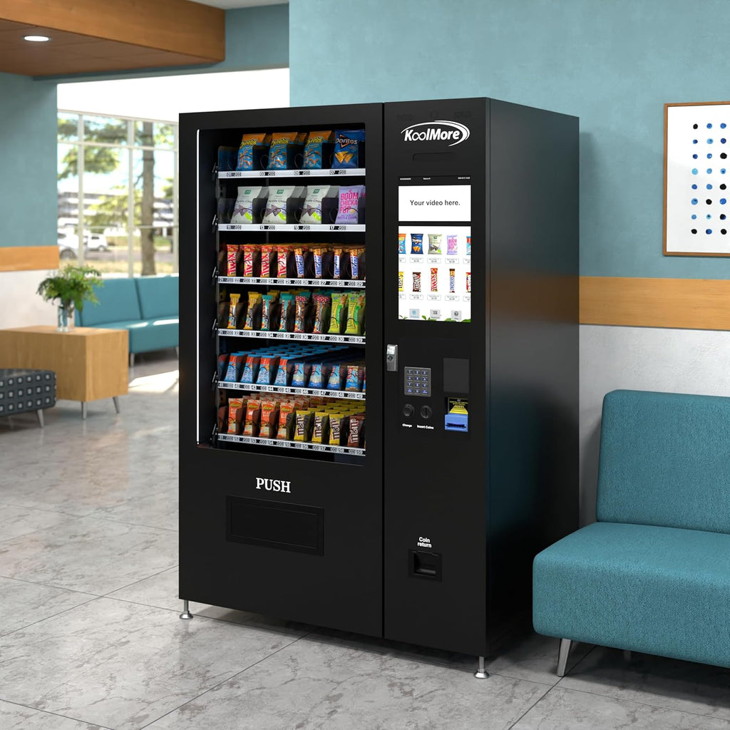 KoolMore Non-Refrigerated Snack Vending Machine with 60 Slots, Coin and Bill Acceptor, and 22 Inch Touch Screen in Black (KM-VMNT-50-BC)