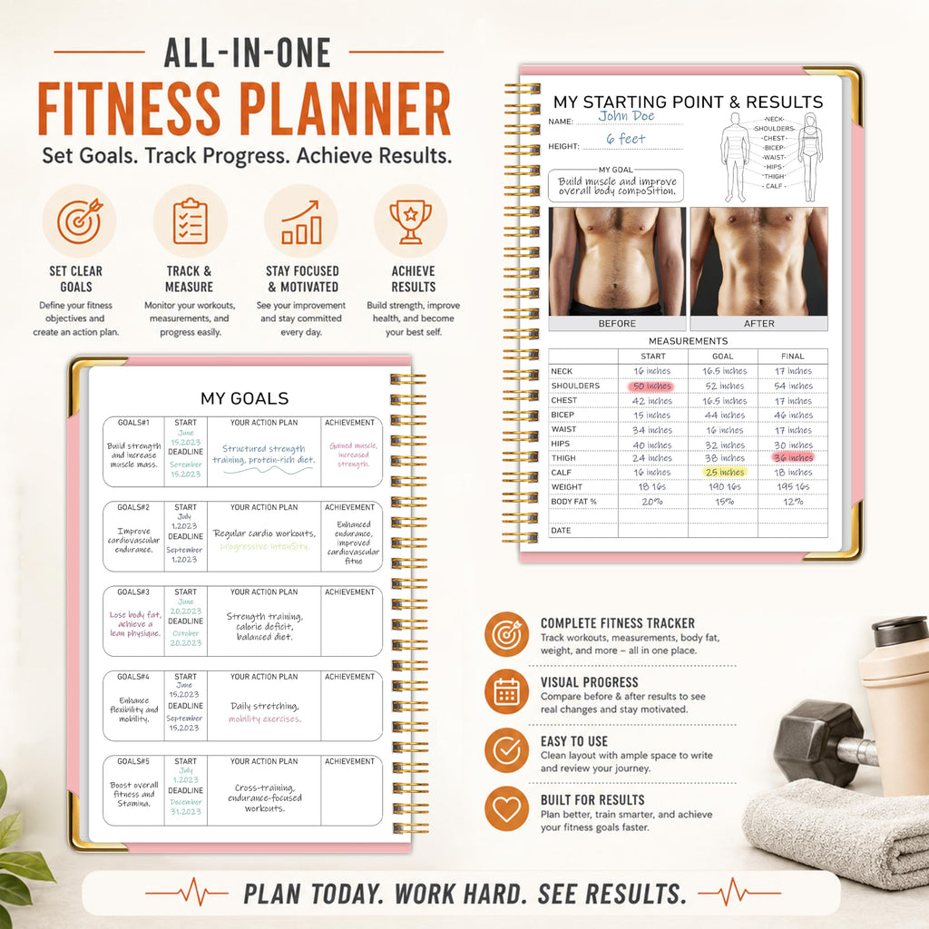 Workout Journal Fitness Tracker Planner for Men & Women, Exercise Log Book to Track Gym & Home Training, Goals, Sets, Reps & Progress, 142 Pages, A5 5.7" x 8.2" Portable Hardcover with Metal Corners, Green