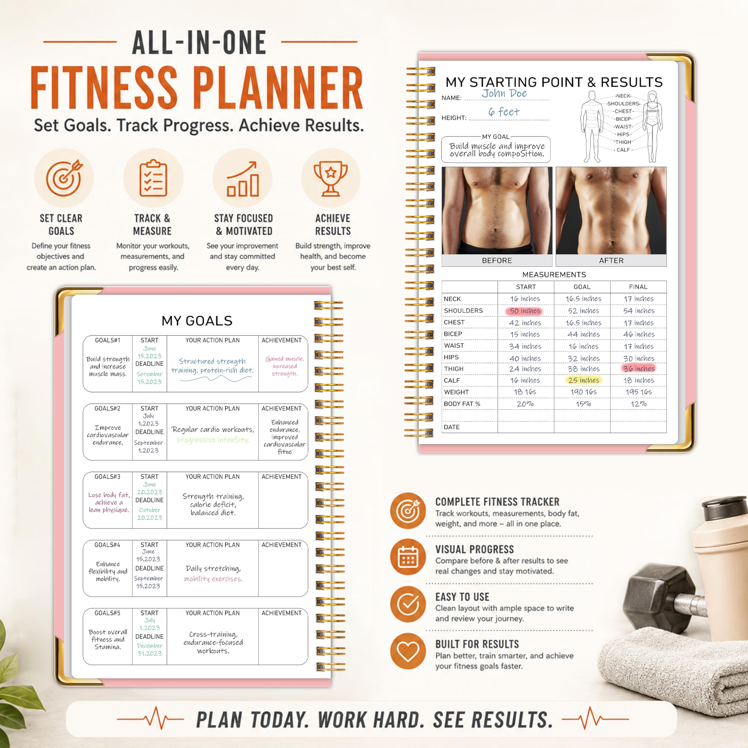 Workout Journal Fitness Tracker Planner for Men & Women, Exercise Log Book to Track Gym & Home Training, Goals, Sets, Reps & Progress, 142 Pages, A5 5.7" x 8.2" Portable Hardcover with Metal Corners, Green