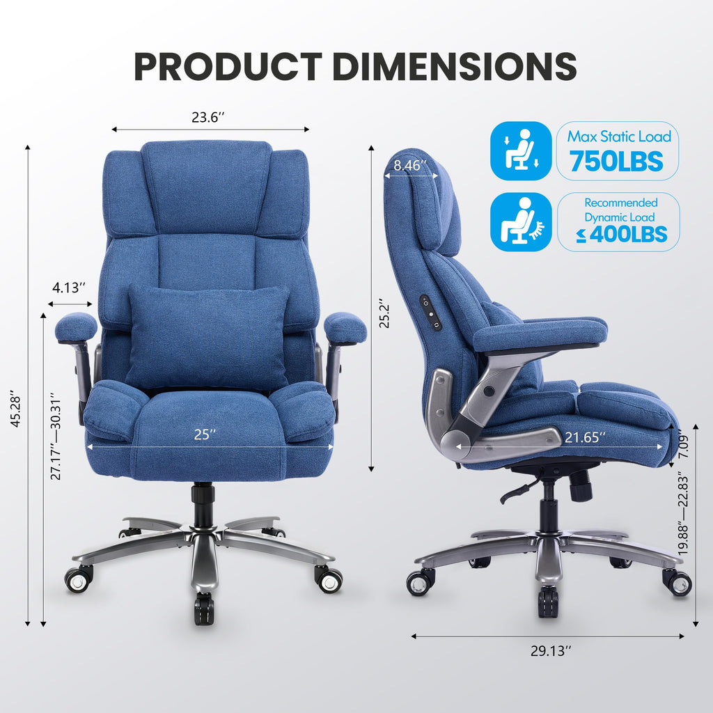 750lbs Heavy Duty Desk Chair with 3D Kneading Massage, Big and Tall Office Chairs with Ergonomic Support, 3D Armrests, 5 Quiet Dual Rubber Wheel, Thick Pocket Spring Cushion(Black, PU)