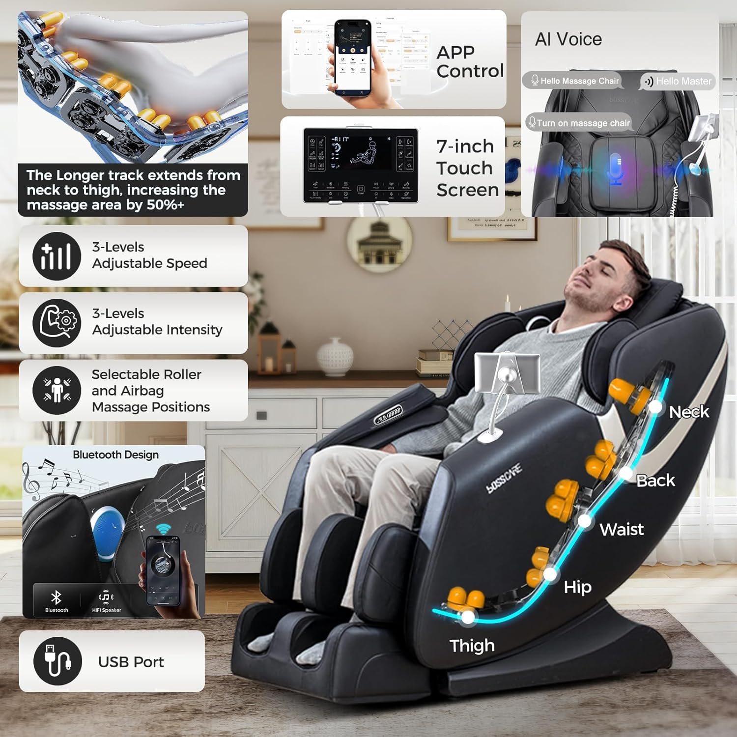 2026 Massage Chair Full Body, AI APP Control Shiatsu Zero Gravity Massage Chair with Foot Roller, Back Calf Heated, Bluetooth Speaker, Relaxing Massaging Recliner for Friend Family