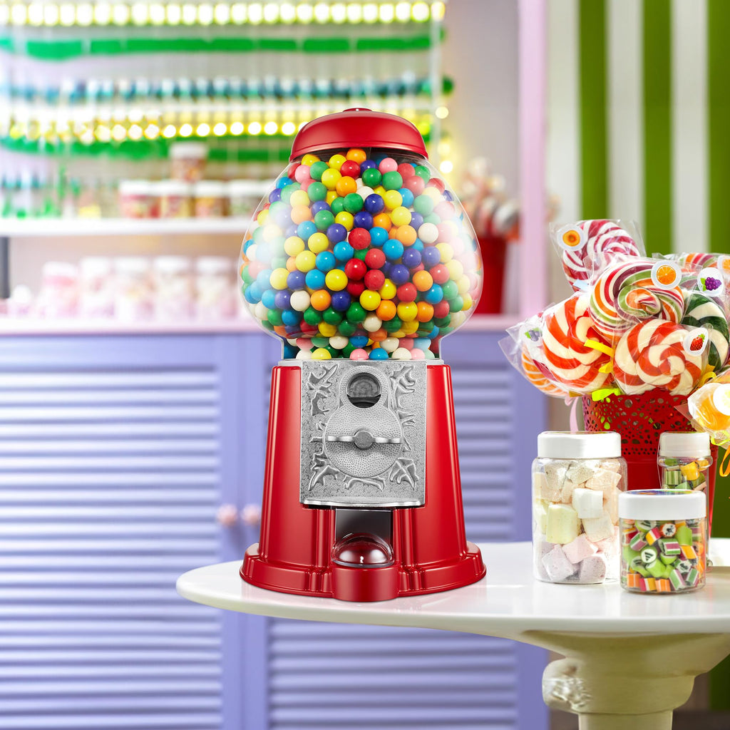 Olde Midway 15" Gumball Machine with Glass Globe and Metal Base - Red, Vintage-Style Bubble Gum Candy Dispenser