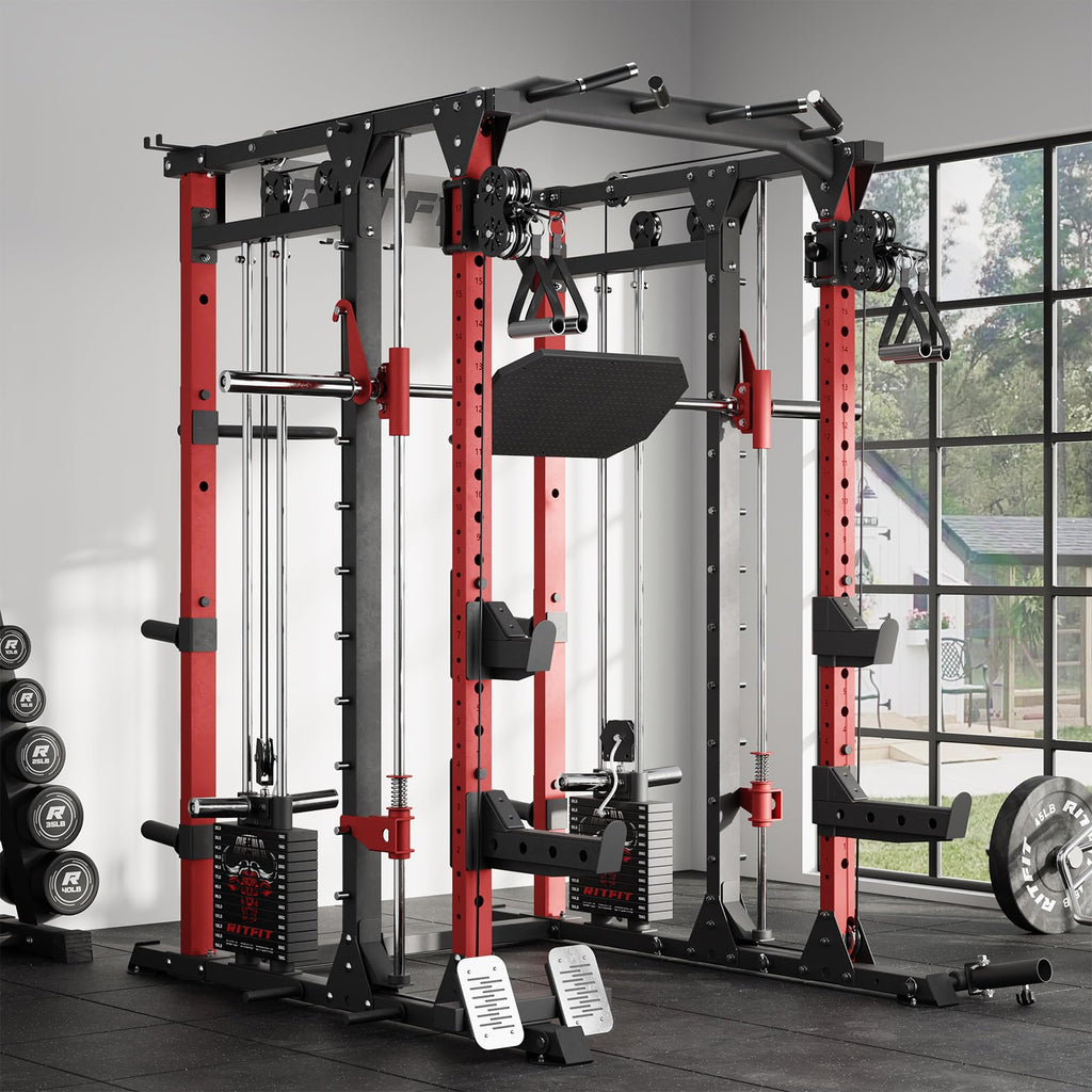 RitFit Buffalo Smith Machine Package, All-in-One Power Cage with Weight Stack , Power Rack with Cable Crossover & Leg Press Attachment for Home Gym