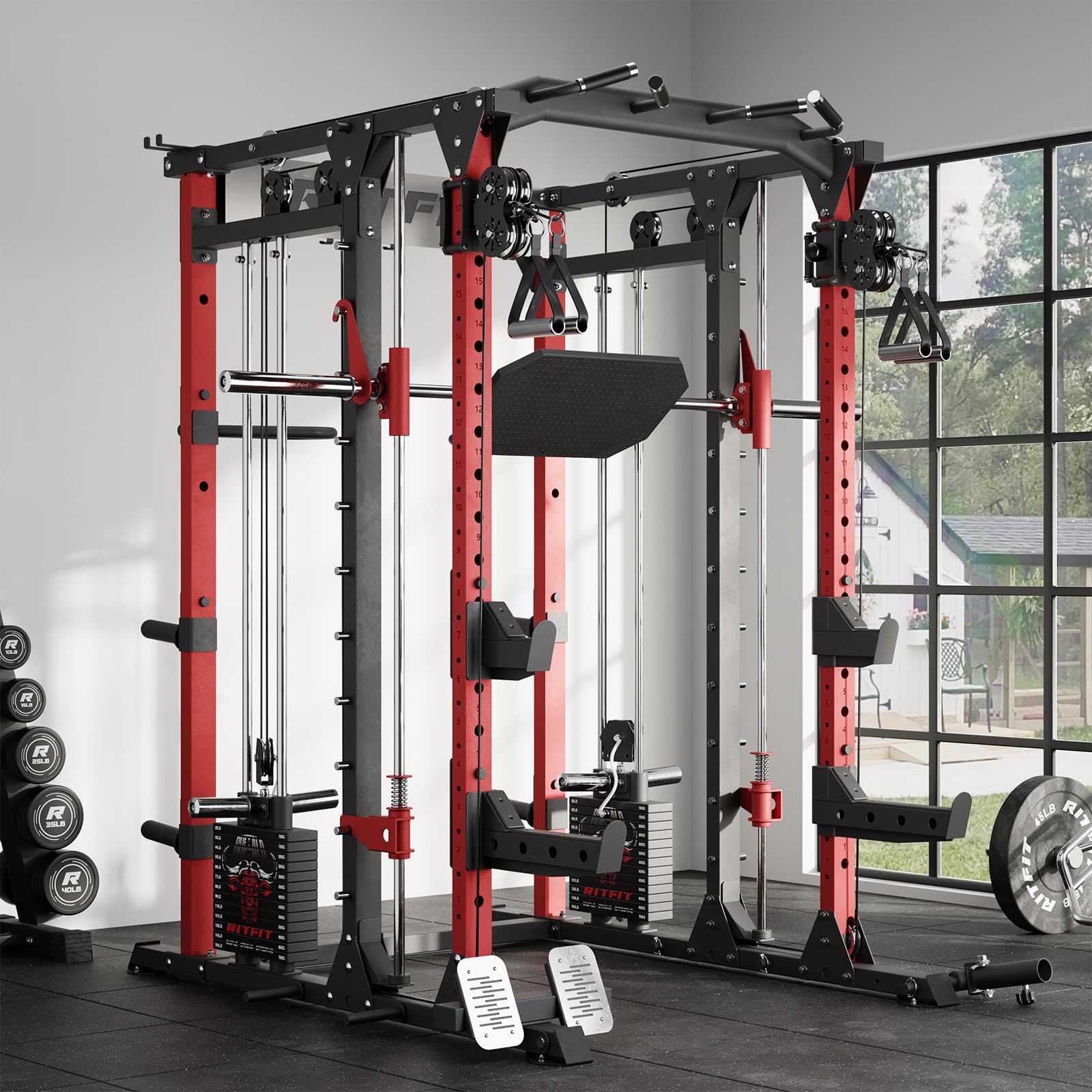 RitFit Buffalo Smith Machine Package, All-in-One Power Cage with Weight Stack , Power Rack with Cable Crossover & Leg Press Attachment for Home Gym