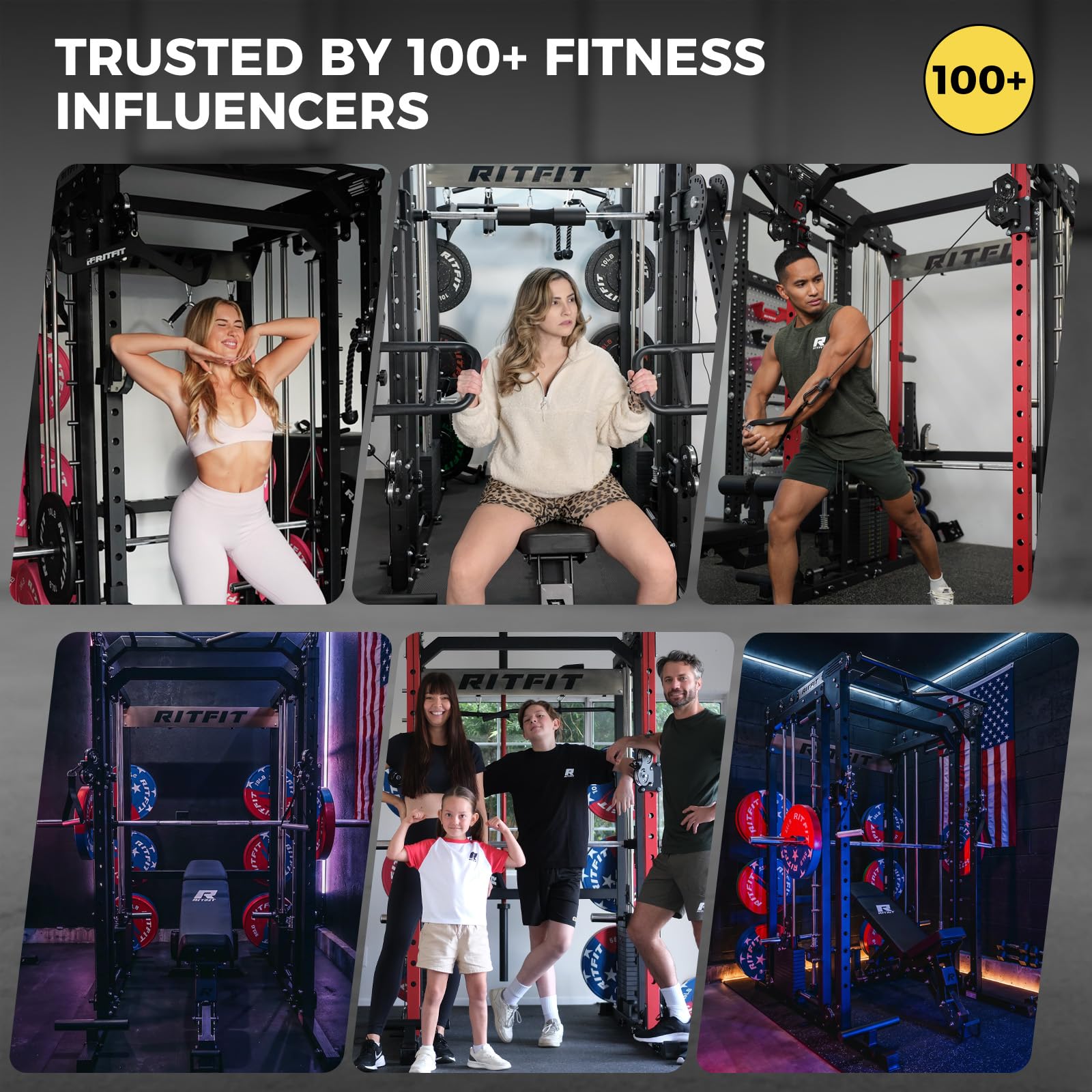 RitFit M2 3D Smith Machine & 286.6LB Built-in Weight Stack with Cable Crossover System, All in One Functional Trainer & Power Cage, 16 Adjustment Holes, 6 Storage Pegs for Full-Body Home Gym