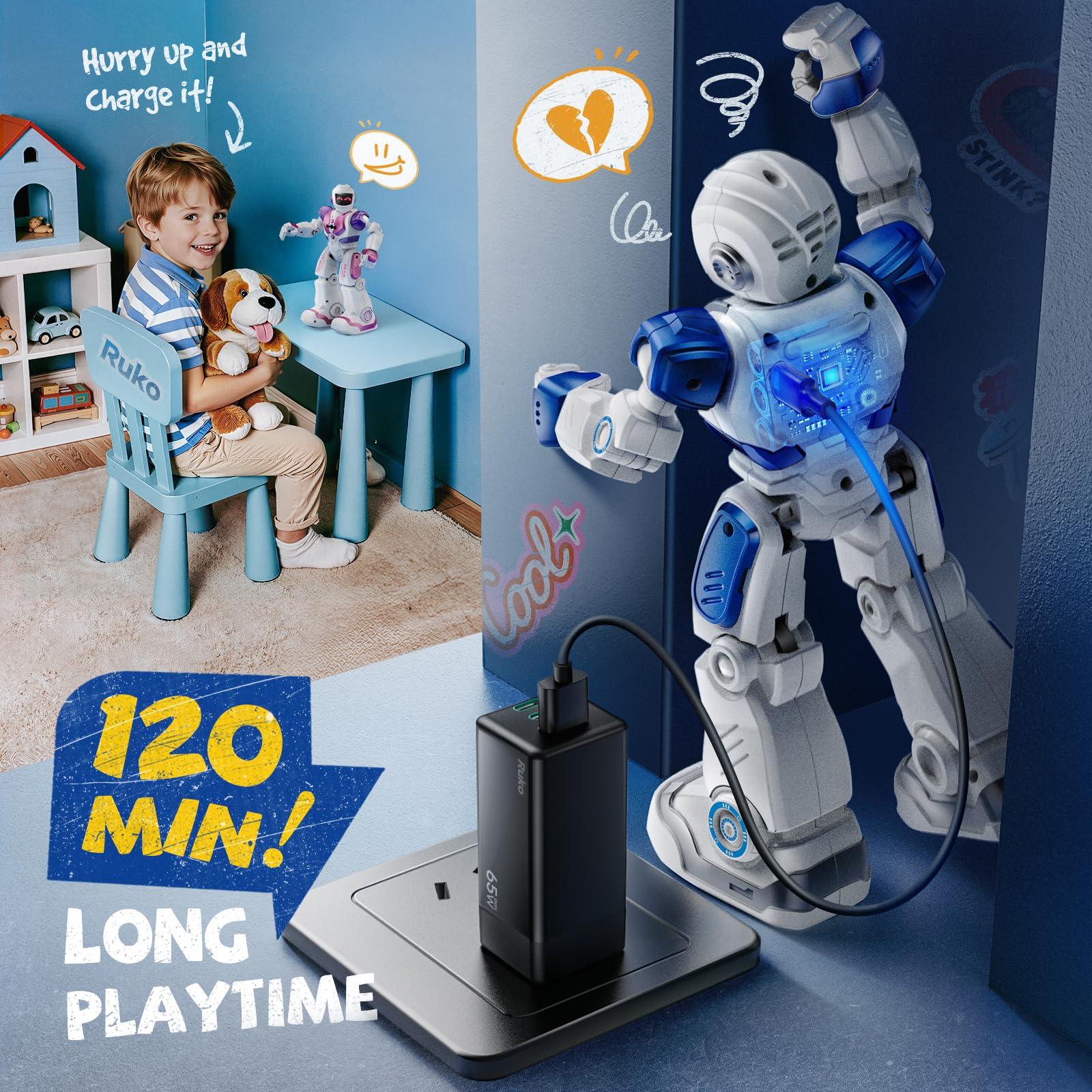 Ruko 6088 Robot Toys for kids, Programmable Remote Gesture Sensing & APP Control, Interactive LED Face, Dancing Singing Rechargeable Smart Robot, Birthday Present for Age 3-6 Year Old Boys Girls, Blue